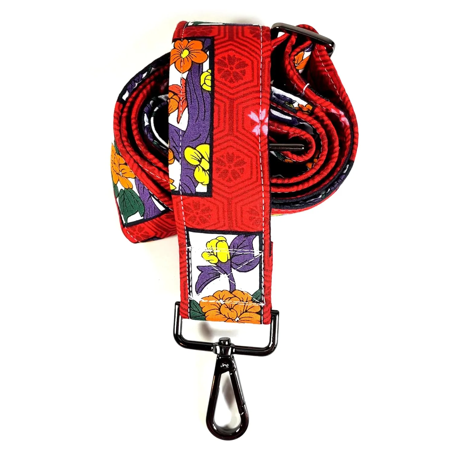 Cross Body Red Japanese Floral Guitar Style Bag Strap - Custom Color- Adjustable -Double Padded-Durable- (1.5" Width, Silver)