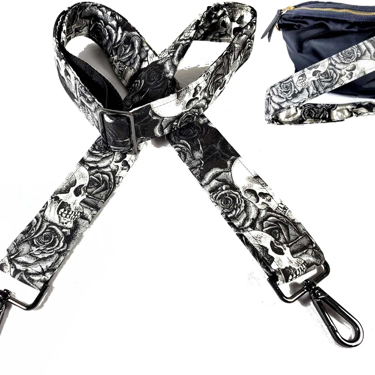 Cross Body Skull Rose Black and White Guitar Style Bag Strap - Skull and Rose - Custom Hardware Color- Adjustable -Double Padded-Durable- (2" Width, Gun Metal(Black))