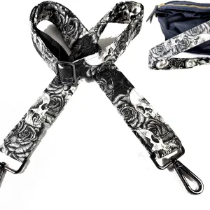 Cross Body Skull Rose Black and White Guitar Style Bag Strap - Skull and Rose - Custom Hardware Color- Adjustable -Double Padded-Durable- (2" Width, Gun Metal(Black))