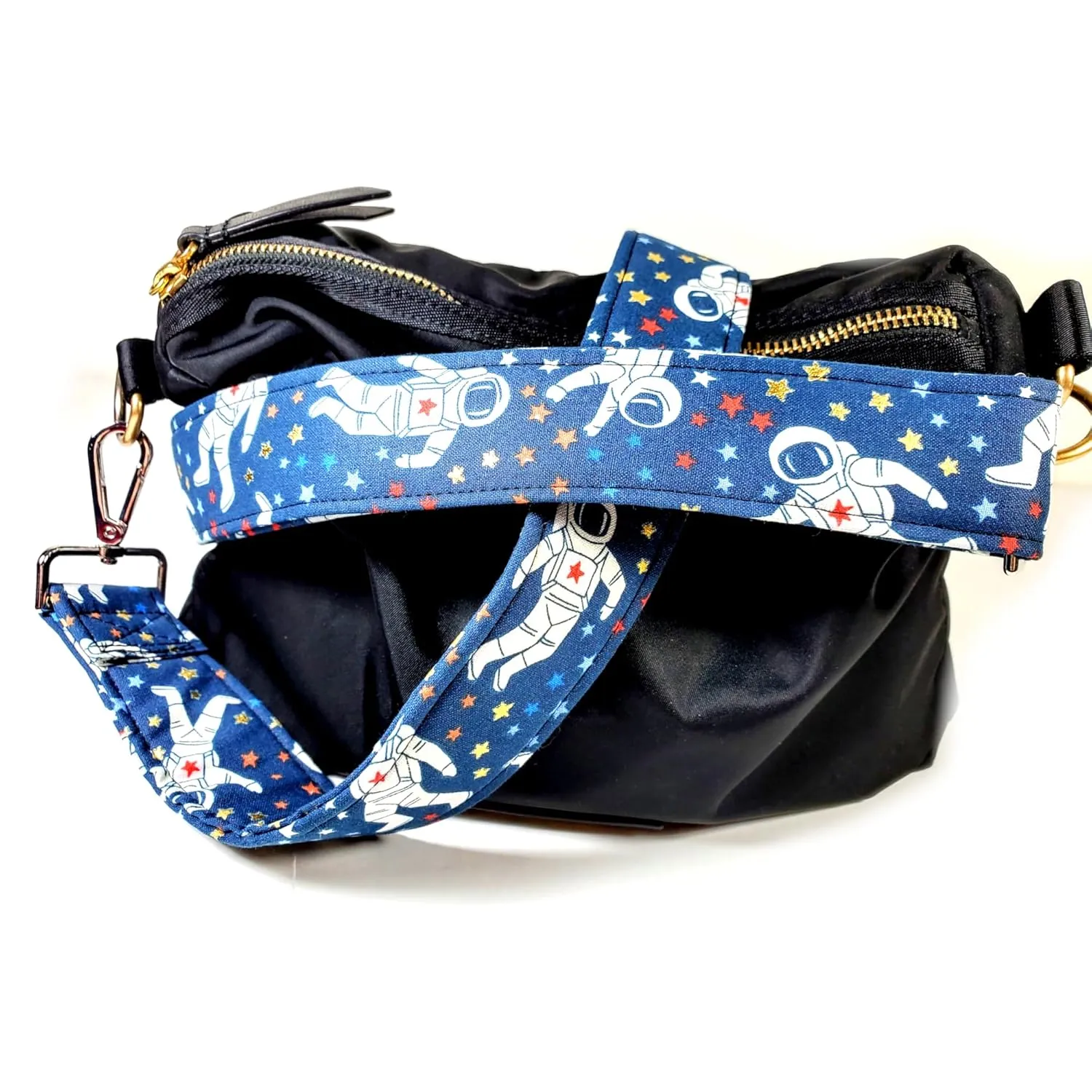 Cross Body Space Man Guitar Style Bag Strap - Astronaut Stars - Custom Hardware Color- Adjustable -Double Padded-Durable- (1.5" Width, Gold)