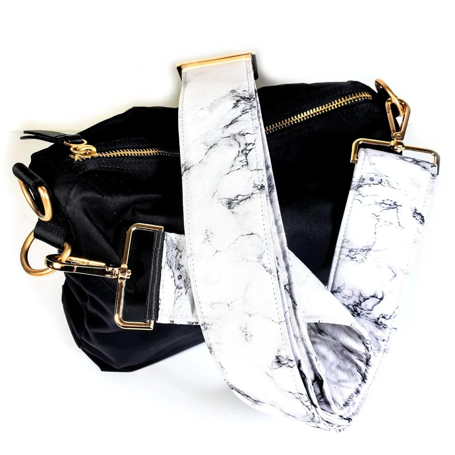 Cross Body White Marble Guitar Style Bag Strap -Marble Guitar Style Bag Strap - Custom Hardware Color- Adjustable -Double Padded-Durable- (1.5" Width, Gold)