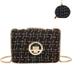 Crossbody Bags for Women Small Handbags Leather Shoulder Bag Tweed Purses Evening Bag Clutch Satchels with Chain Strap