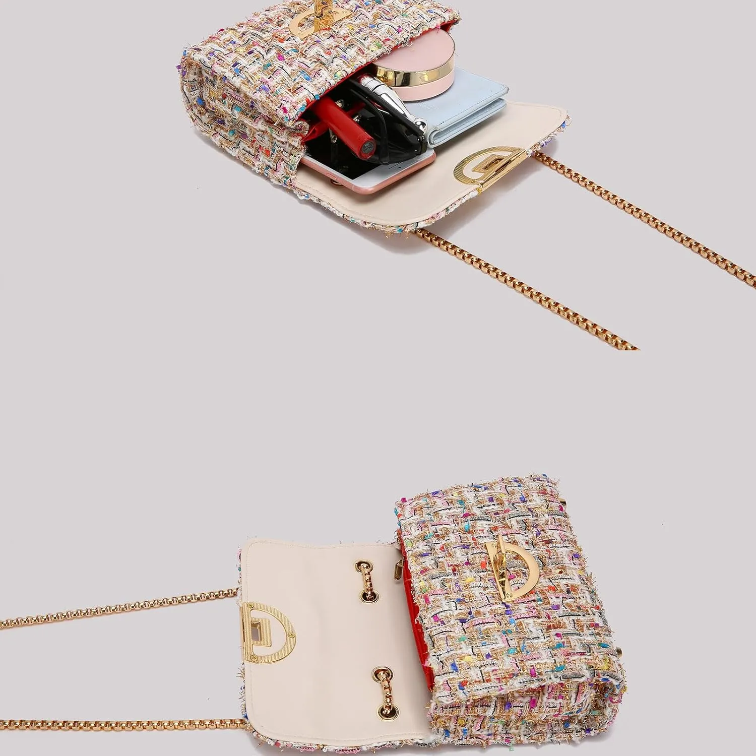 Crossbody Bags for Women Small Handbags Leather Shoulder Bag Tweed Purses Evening Bag Clutch Satchels with Chain Strap