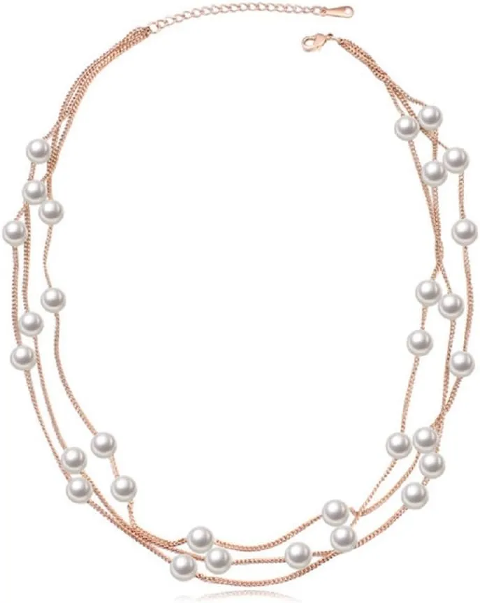 Crystalline Azuria Strand Necklace with Simulated White Pearls 18K White or Rose Gold Plated for Women