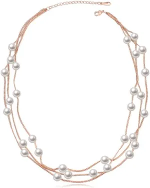 Crystalline Azuria Strand Necklace with Simulated White Pearls 18K White or Rose Gold Plated for Women