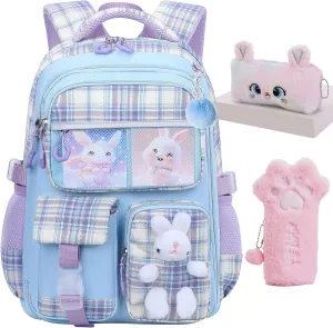 Cute Girls Backpack,Rabbit Kids School Backpack with Pencil Case, Elementary School Bag for Girls 5-10 Year Old (Blue-16.5inch)