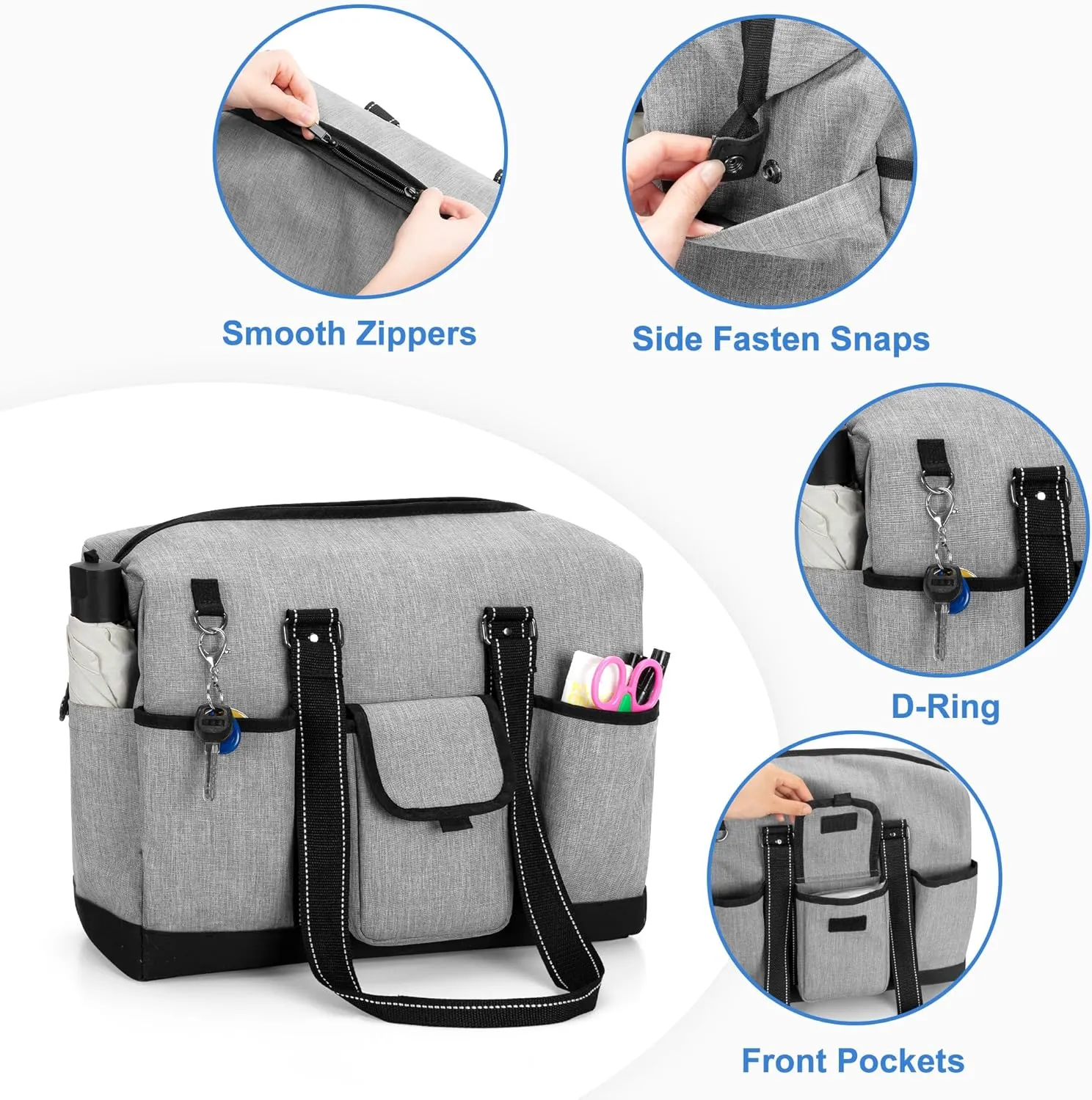 Damero Teacher Tote Bag with Laptop Compartment, Teacher Work Bag with Side Fasten Snaps for Women and Teaching Supplies
