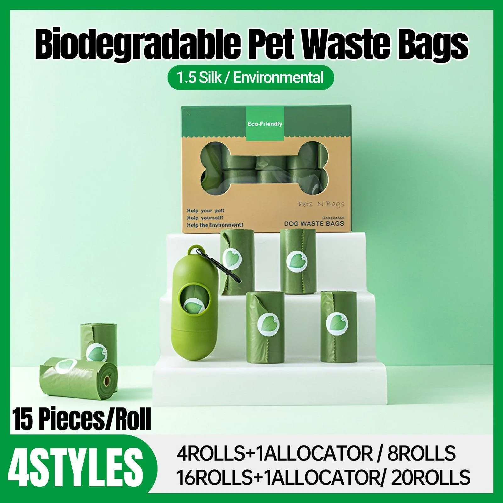 Degradable Pet Waste Bags Green 4 Rolls 1 Dispenser