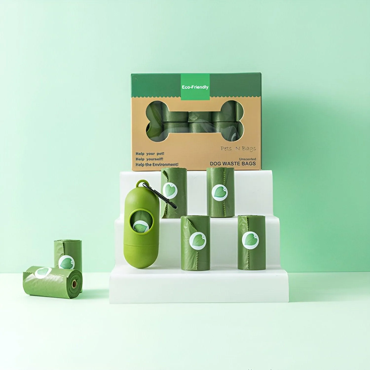 Degradable Pet Waste Bags Green 4 Rolls 1 Dispenser