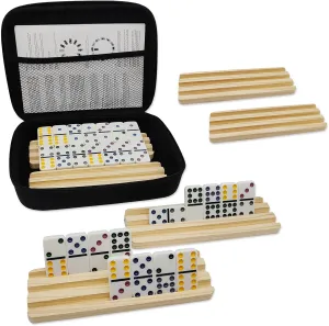 Double 9 Dominoes Set with 6 Wooden Trays/Racks, Double Nine Dominos Travel Set with 6 Domino Tiles Holders, 55 Tiles Dominoes Game Set with Portable Case for Families