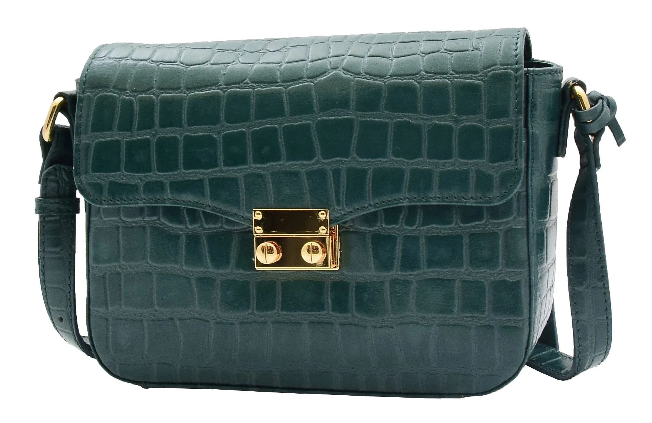 DR297 Women's Cross Body Bag Croc Print Handstitched Leather Handbag Green
