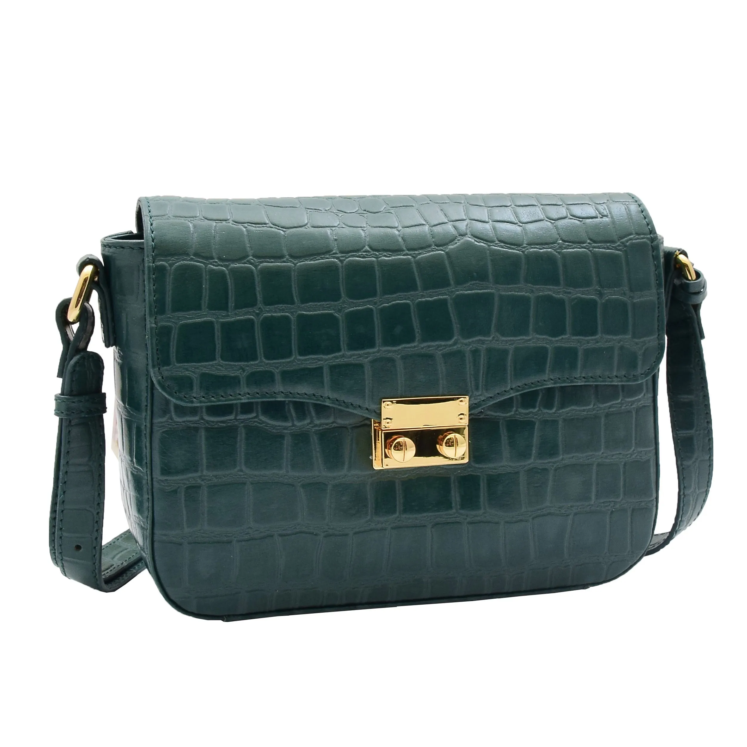 DR297 Women's Cross Body Bag Croc Print Handstitched Leather Handbag Green