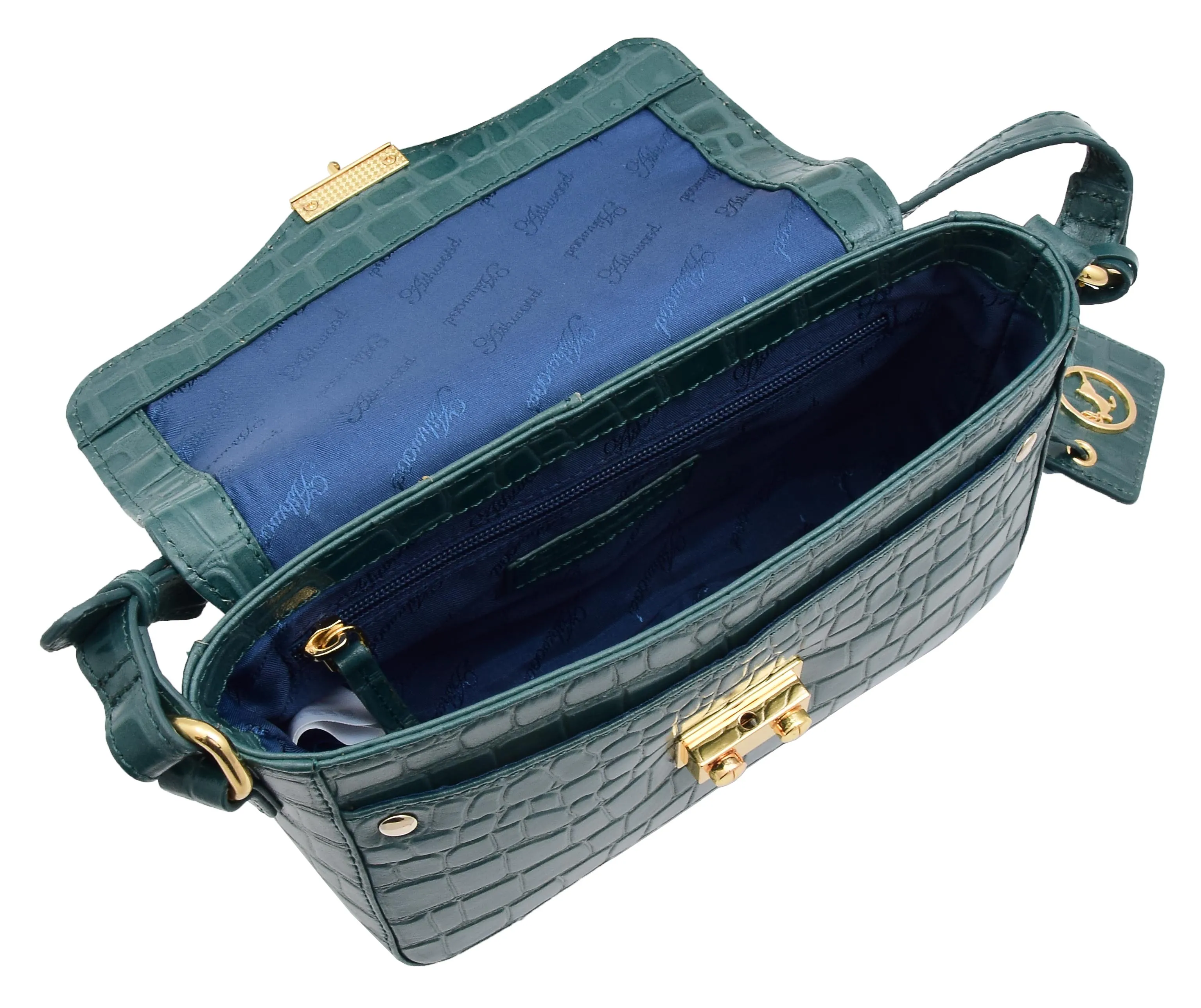 DR297 Women's Cross Body Bag Croc Print Handstitched Leather Handbag Green