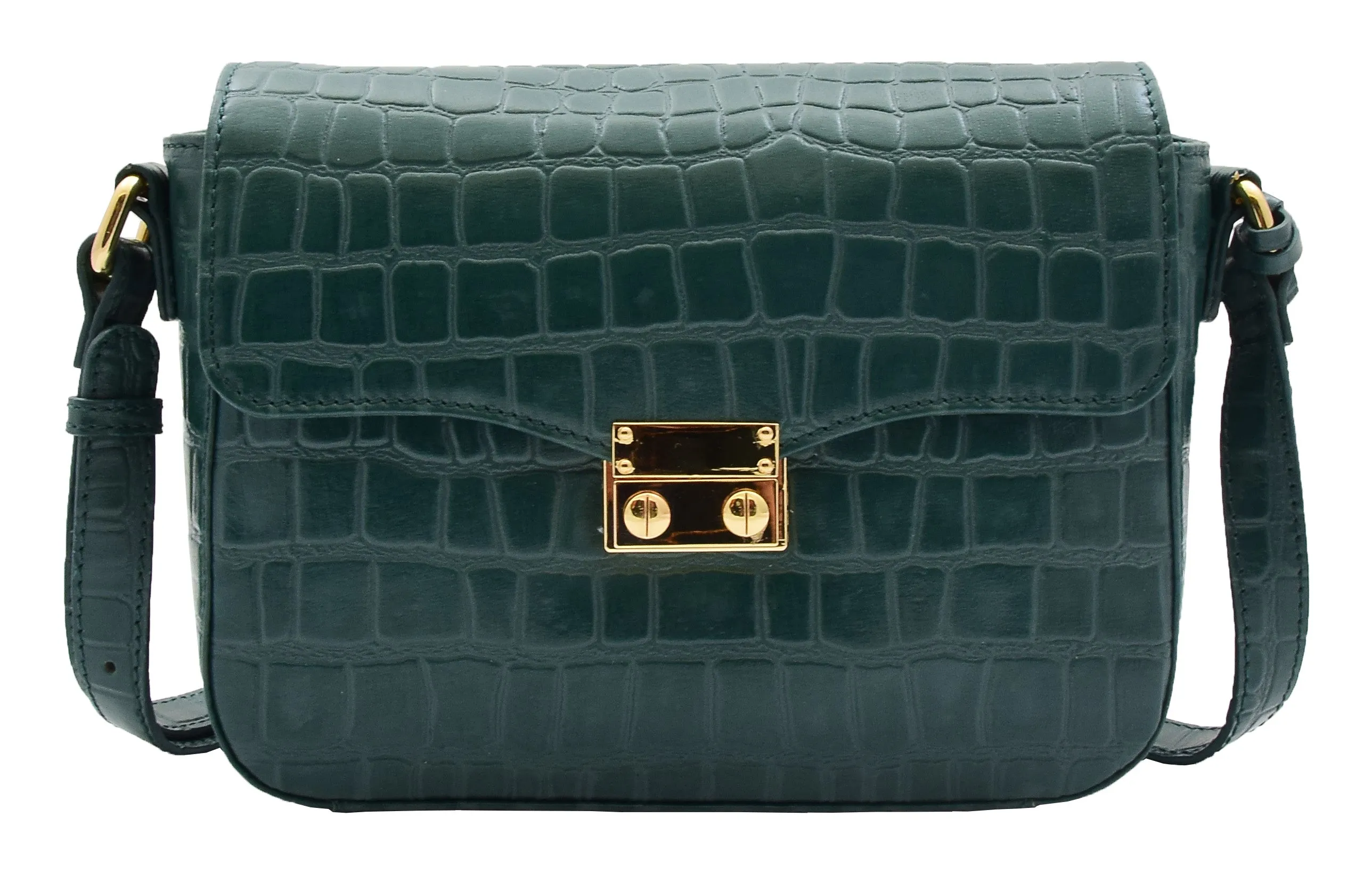 DR297 Women's Cross Body Bag Croc Print Handstitched Leather Handbag Green