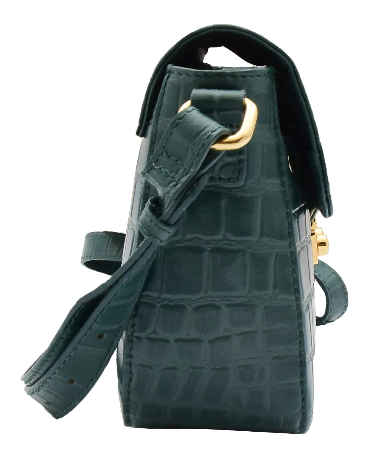 DR297 Women's Cross Body Bag Croc Print Handstitched Leather Handbag Green