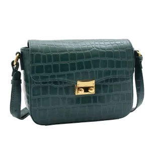 DR297 Women's Cross Body Bag Croc Print Handstitched Leather Handbag Green