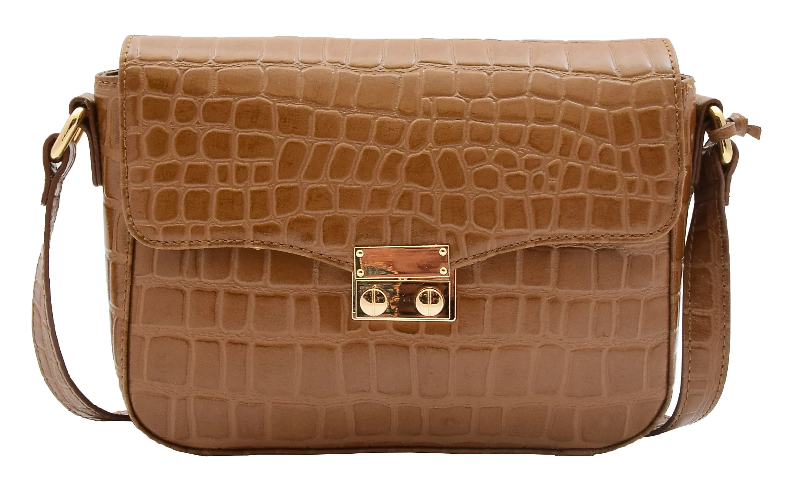 DR297 Women's Cross Body Bag Croc Print Handstitched Leather Handbag Tan