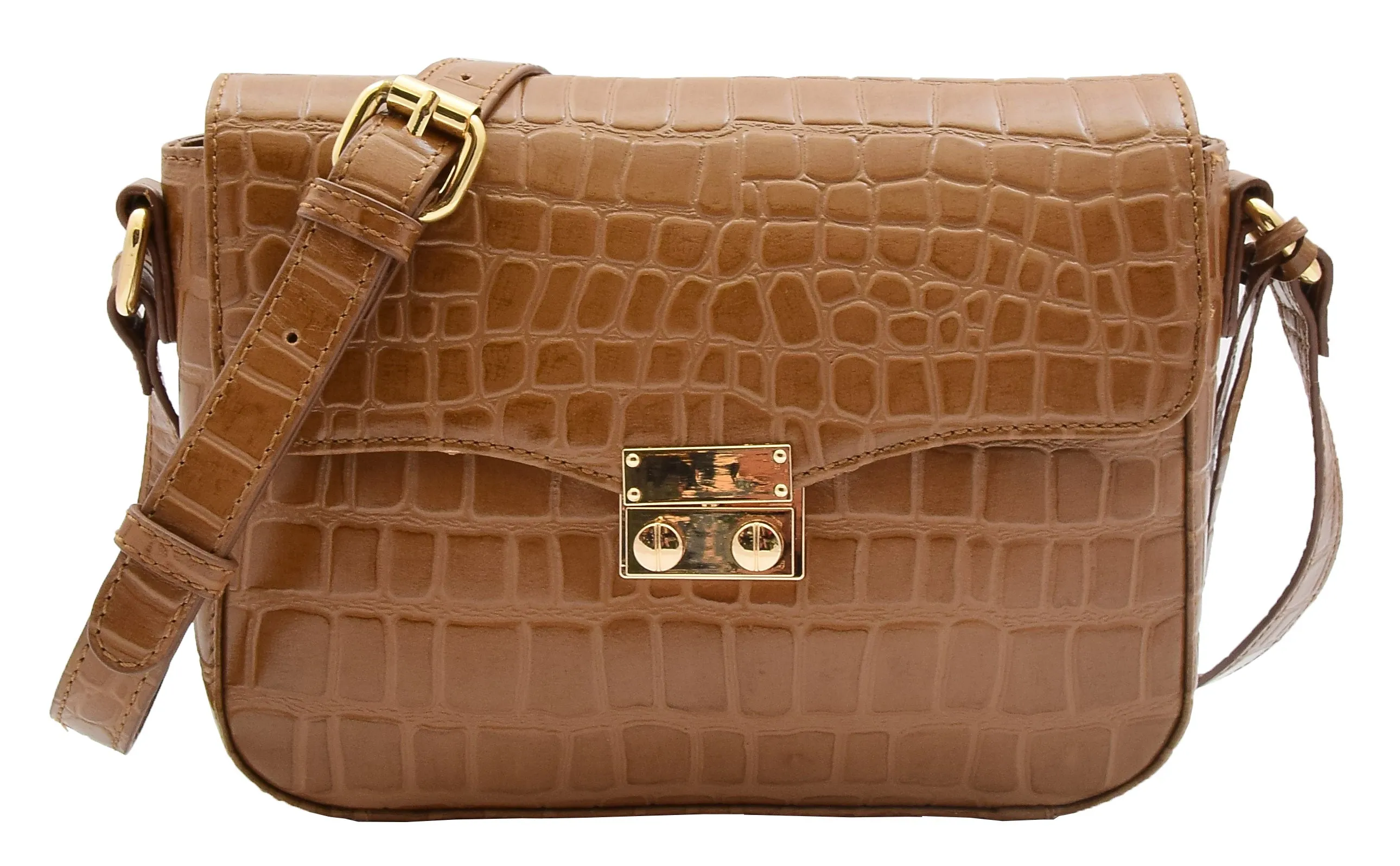 DR297 Women's Cross Body Bag Croc Print Handstitched Leather Handbag Tan