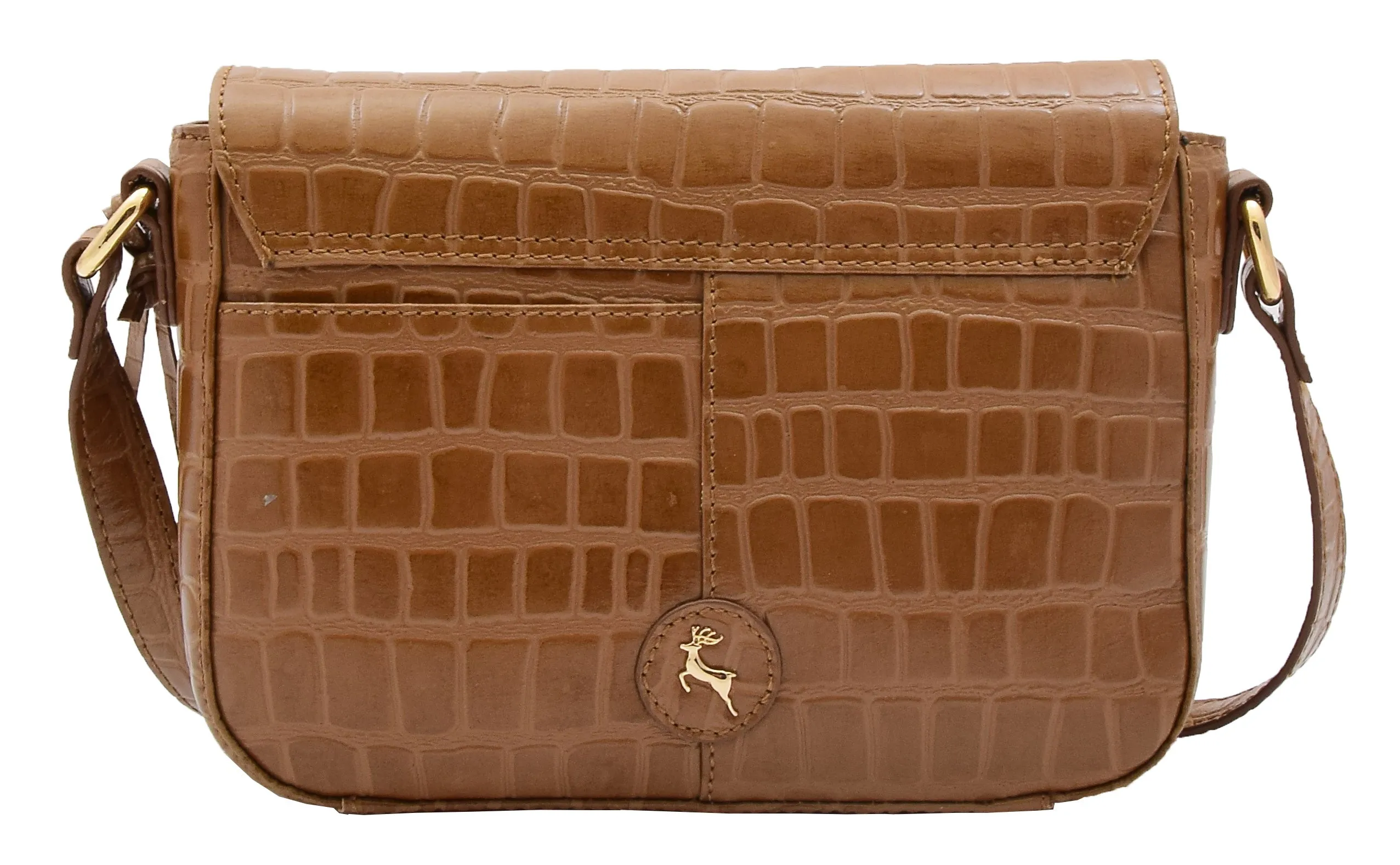 DR297 Women's Cross Body Bag Croc Print Handstitched Leather Handbag Tan