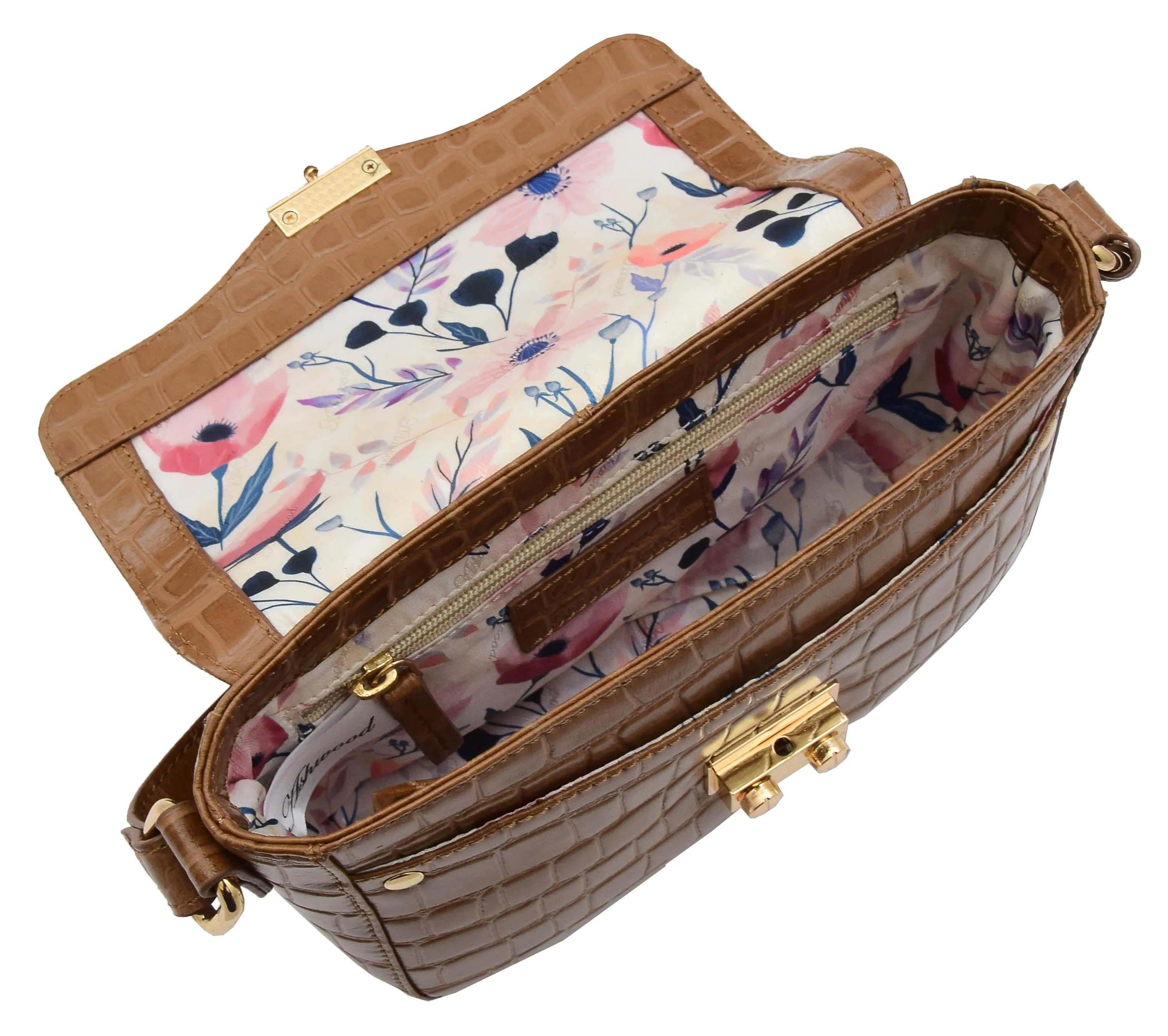 DR297 Women's Cross Body Bag Croc Print Handstitched Leather Handbag Tan
