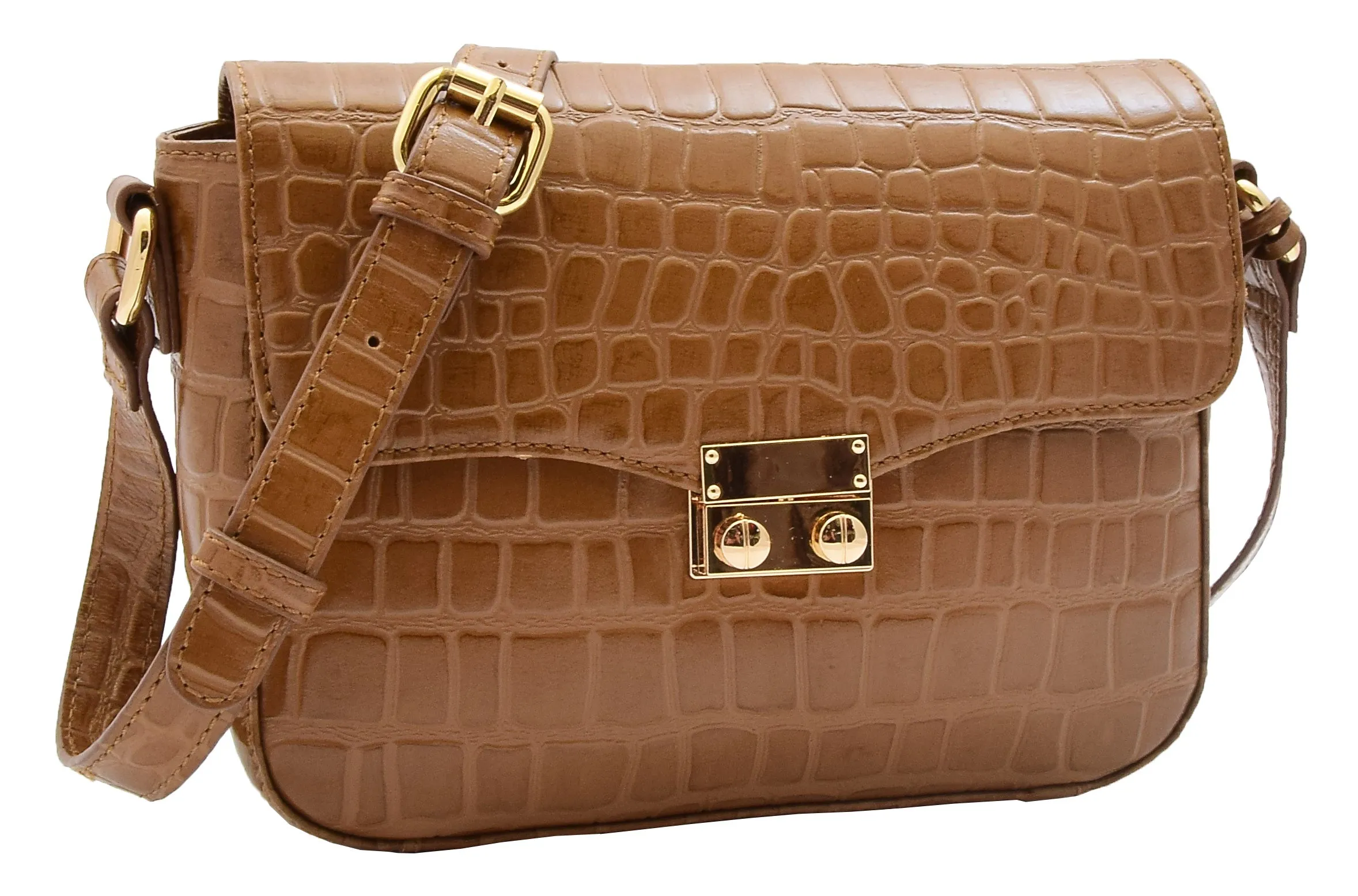 DR297 Women's Cross Body Bag Croc Print Handstitched Leather Handbag Tan