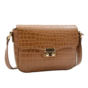 DR297 Women's Cross Body Bag Croc Print Handstitched Leather Handbag Tan