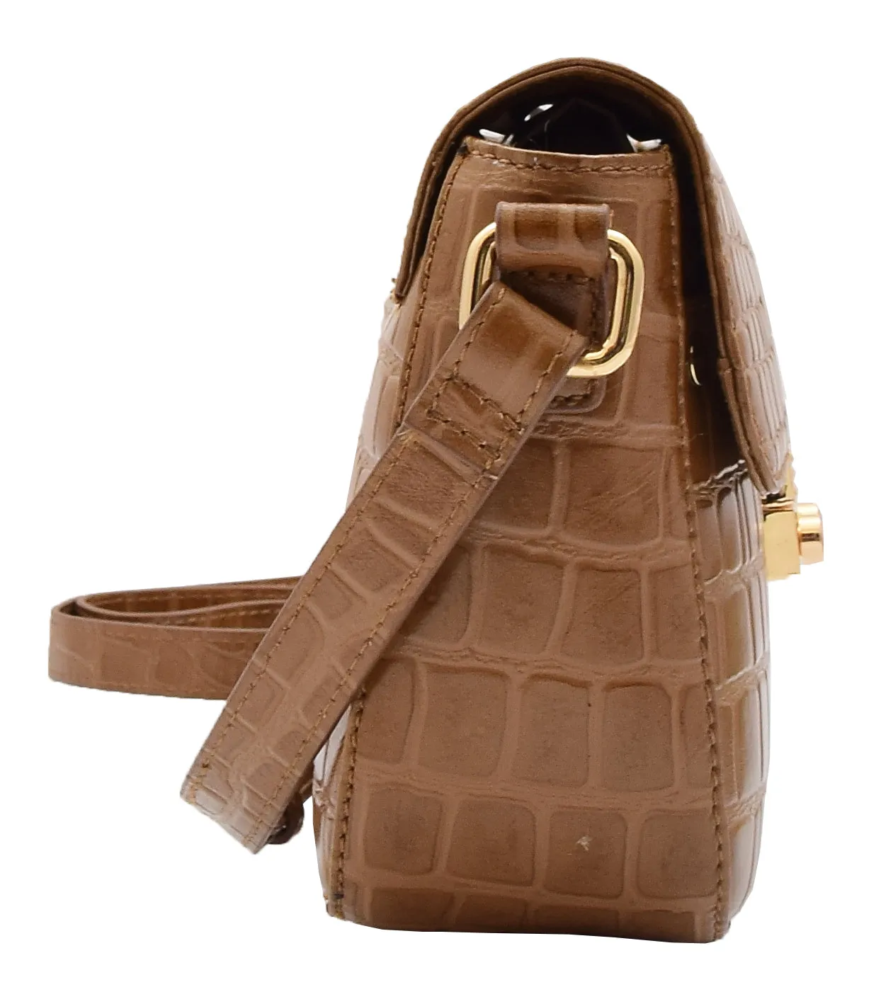 DR297 Women's Cross Body Bag Croc Print Handstitched Leather Handbag Tan
