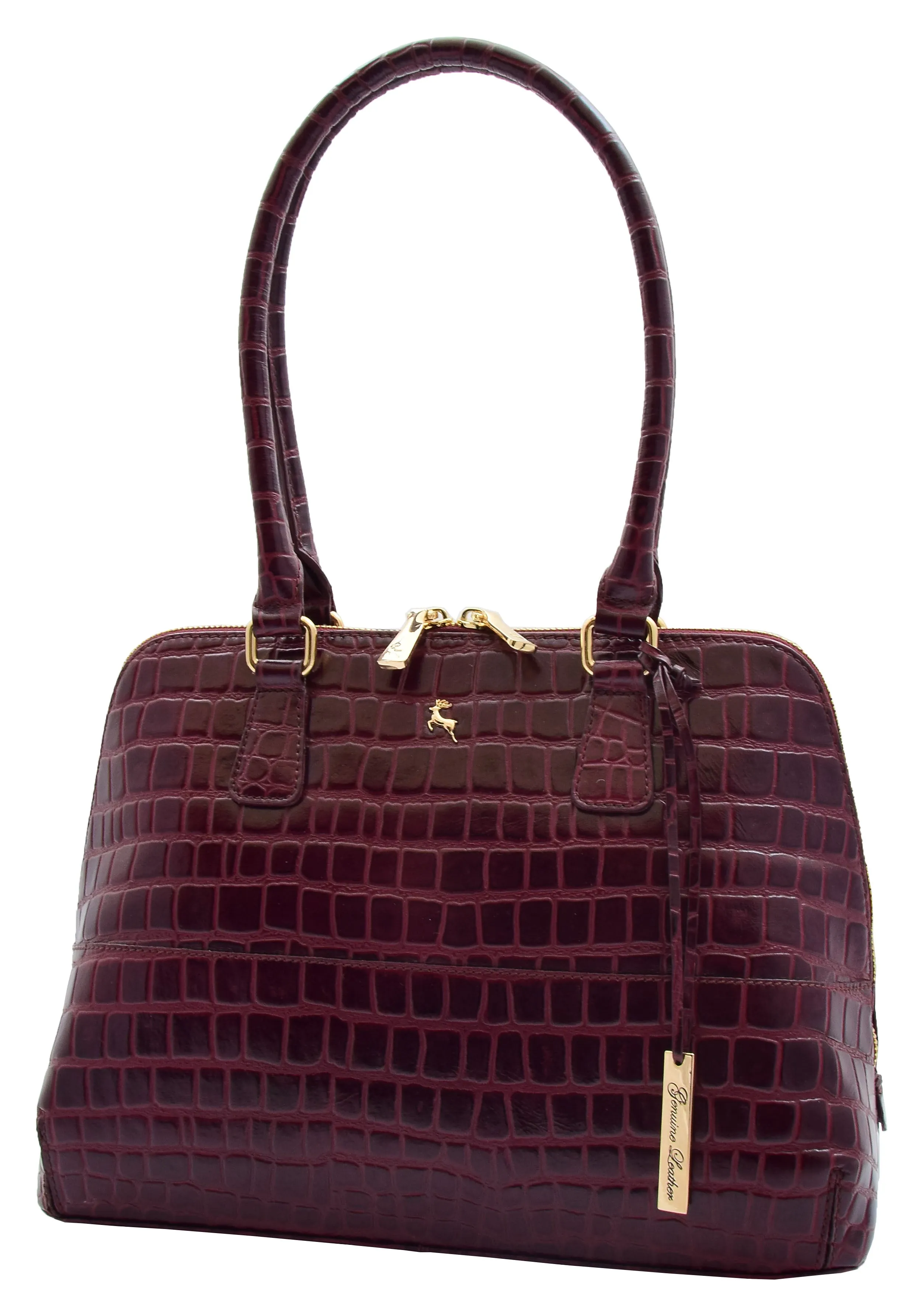 DR298 Women's Leather Handbag Doctor Shape Croc Print Hobo Bag Bordo