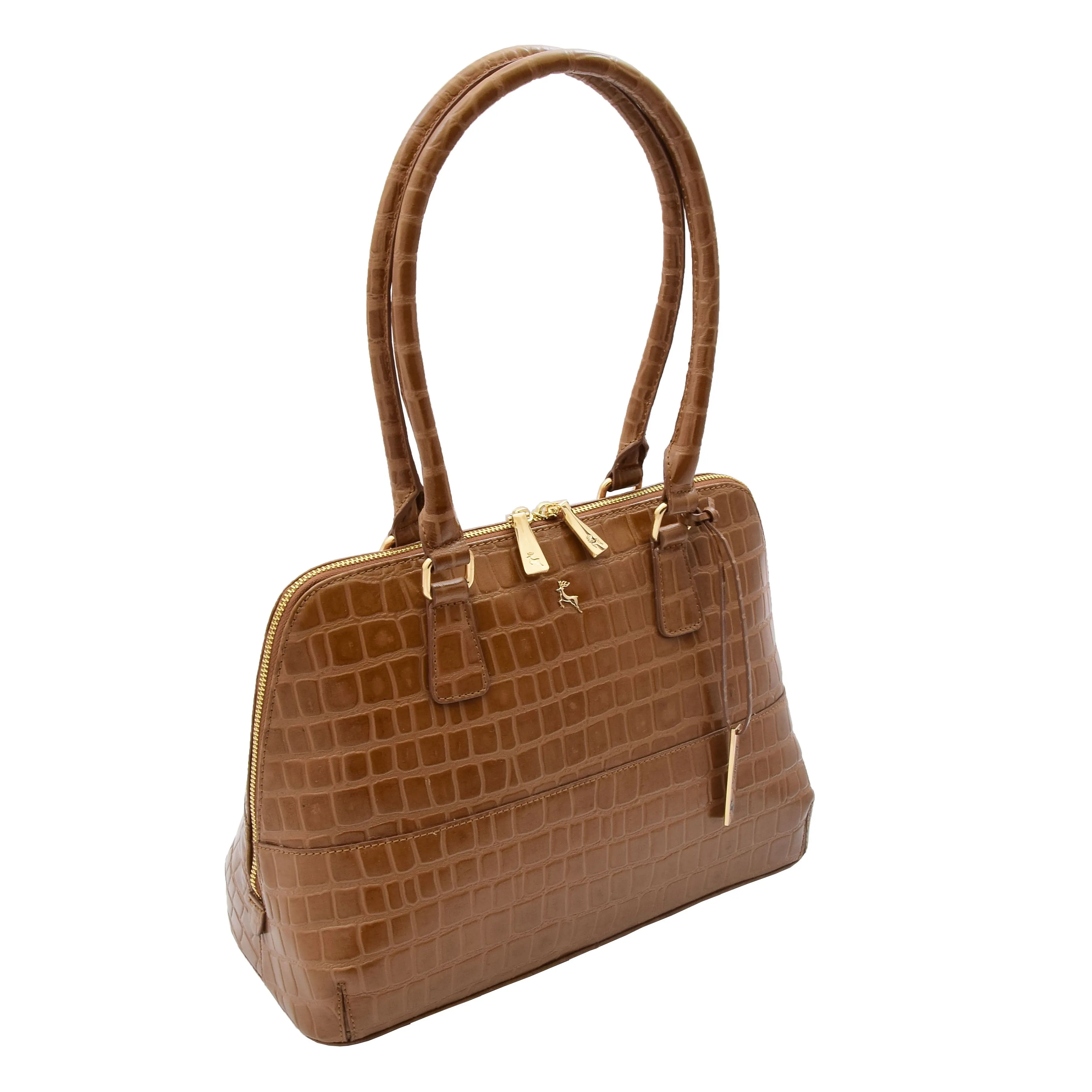 DR298 Women's Leather Handbag Doctor Shape Croc Print Hobo Bag Tan