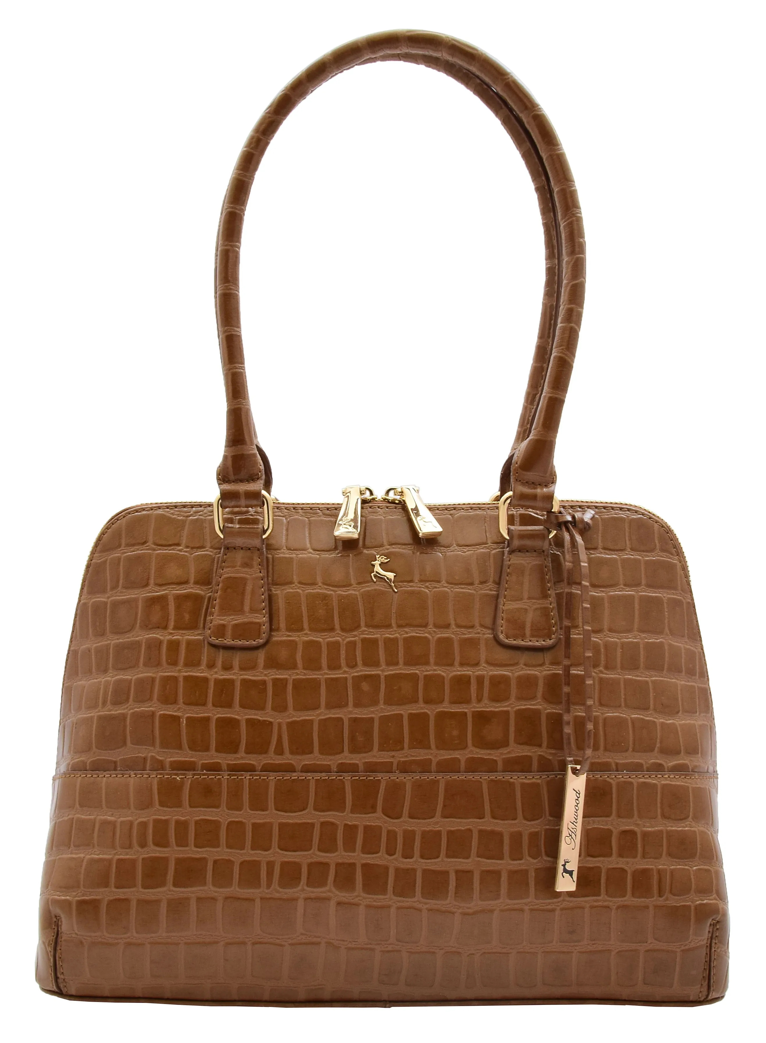 DR298 Women's Leather Handbag Doctor Shape Croc Print Hobo Bag Tan