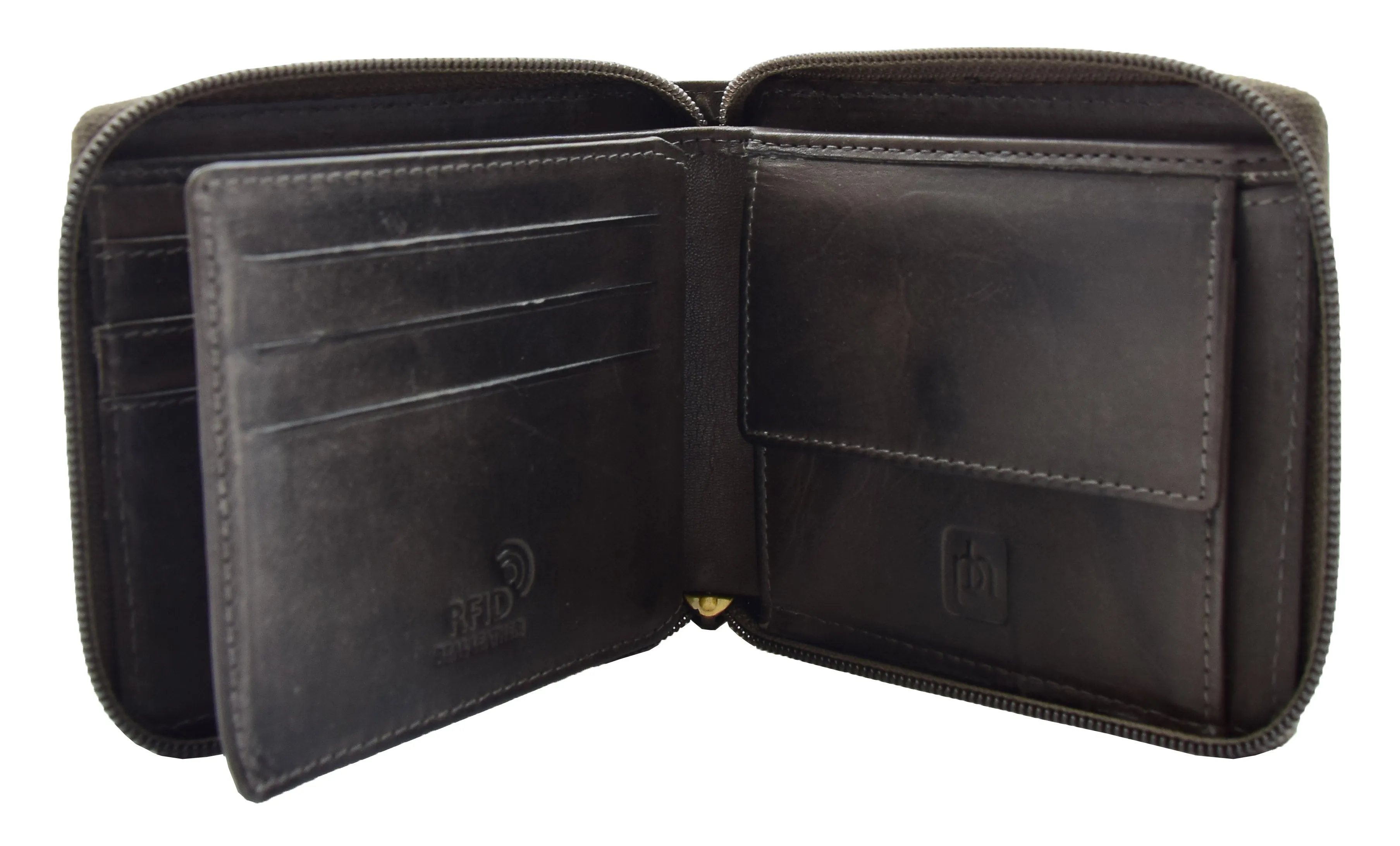 DR446 Men's Leather Wallet Zip Around Rfid Safe Boxed Black