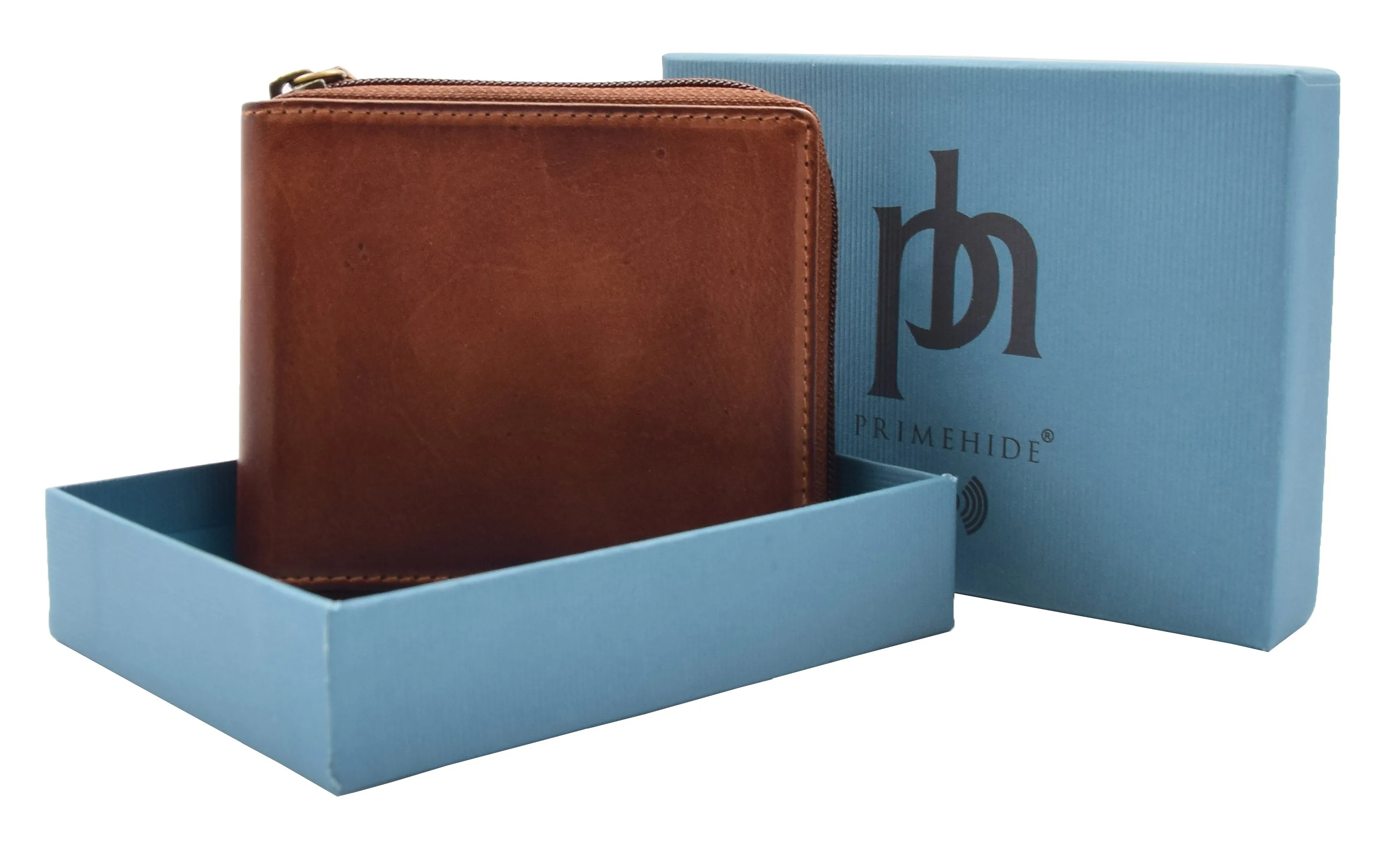 DR446 Men's Leather Wallet Zip Around Rfid Safe Boxed Brown