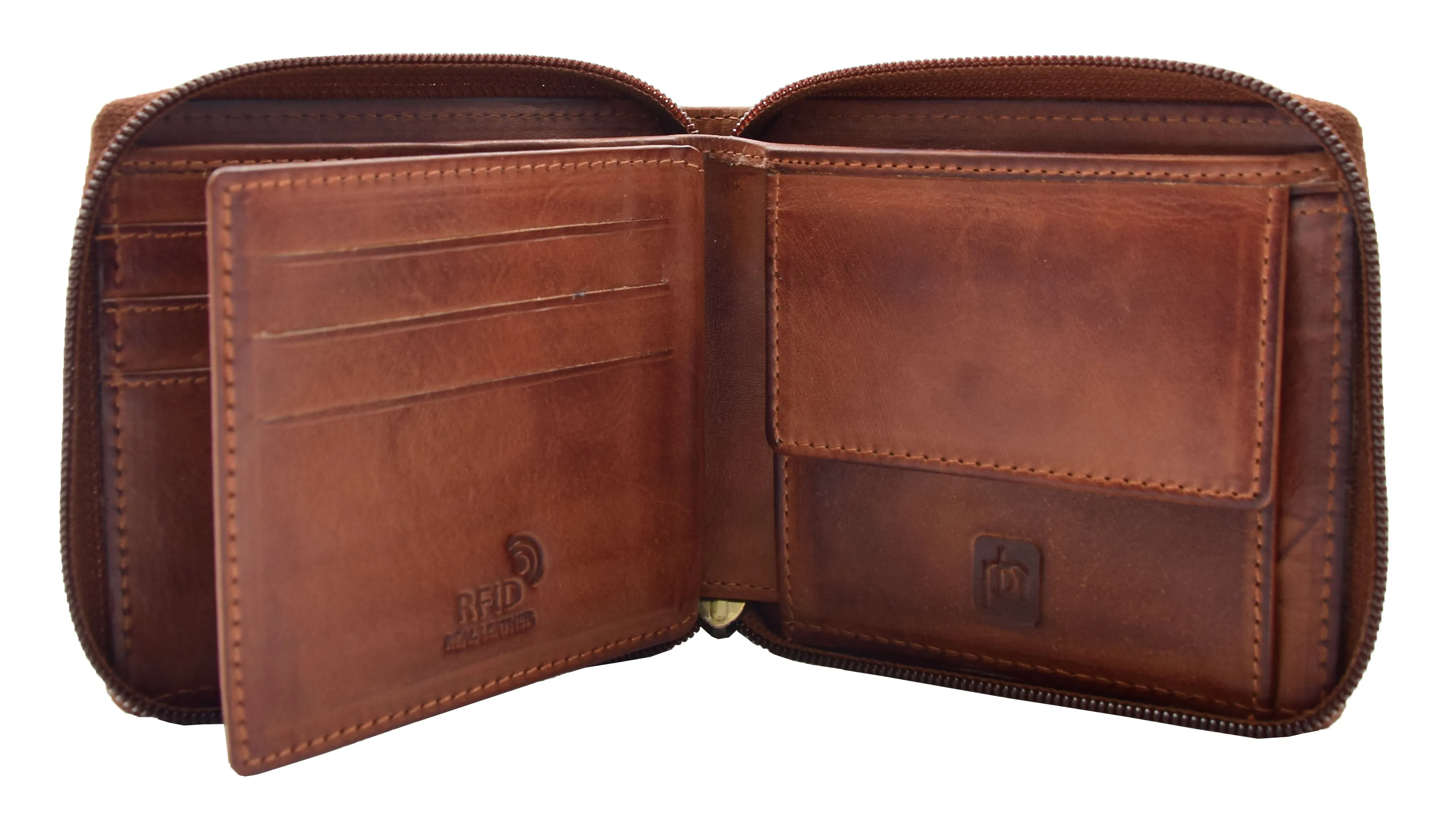 DR446 Men's Leather Wallet Zip Around Rfid Safe Boxed Brown