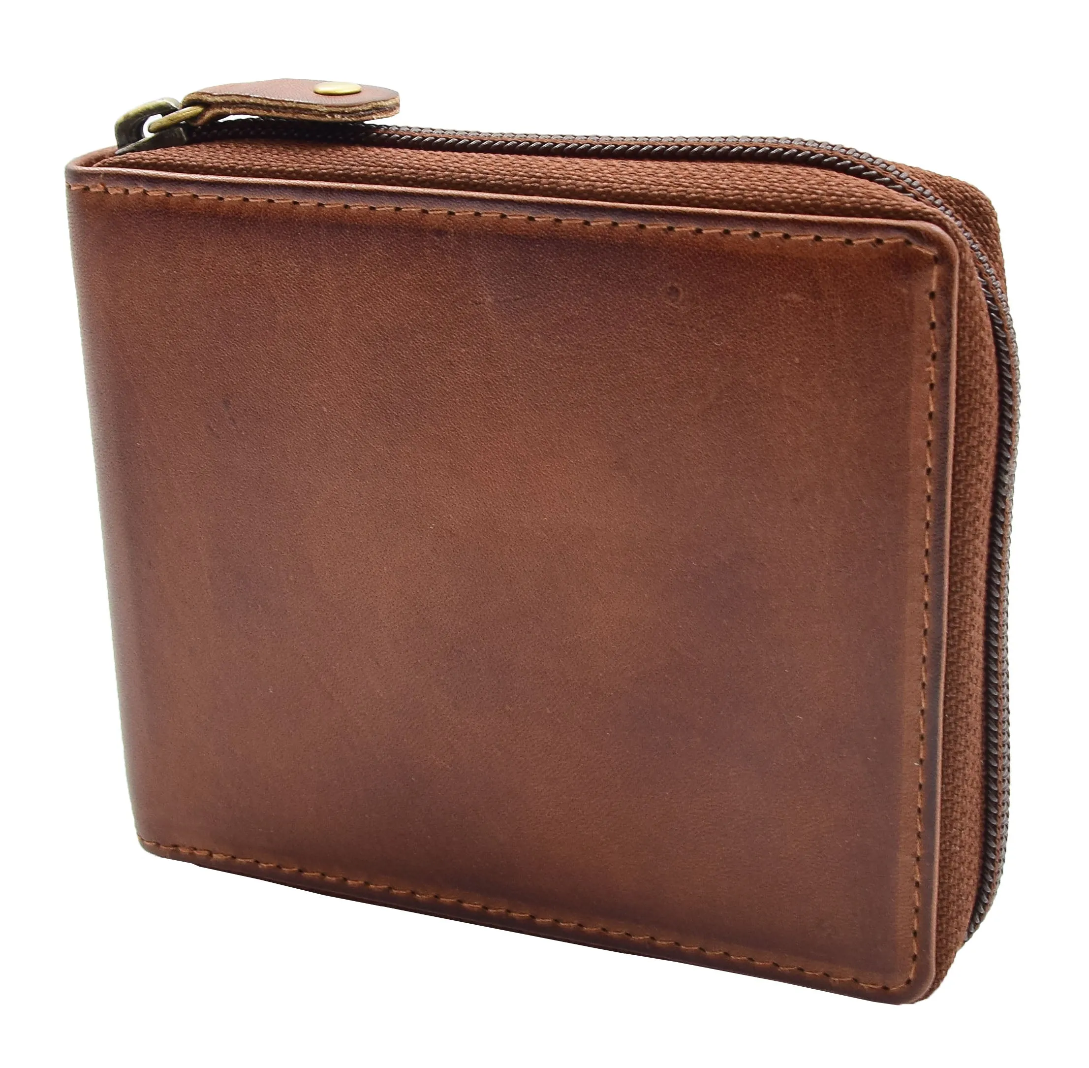 DR446 Men's Leather Wallet Zip Around Rfid Safe Boxed Brown