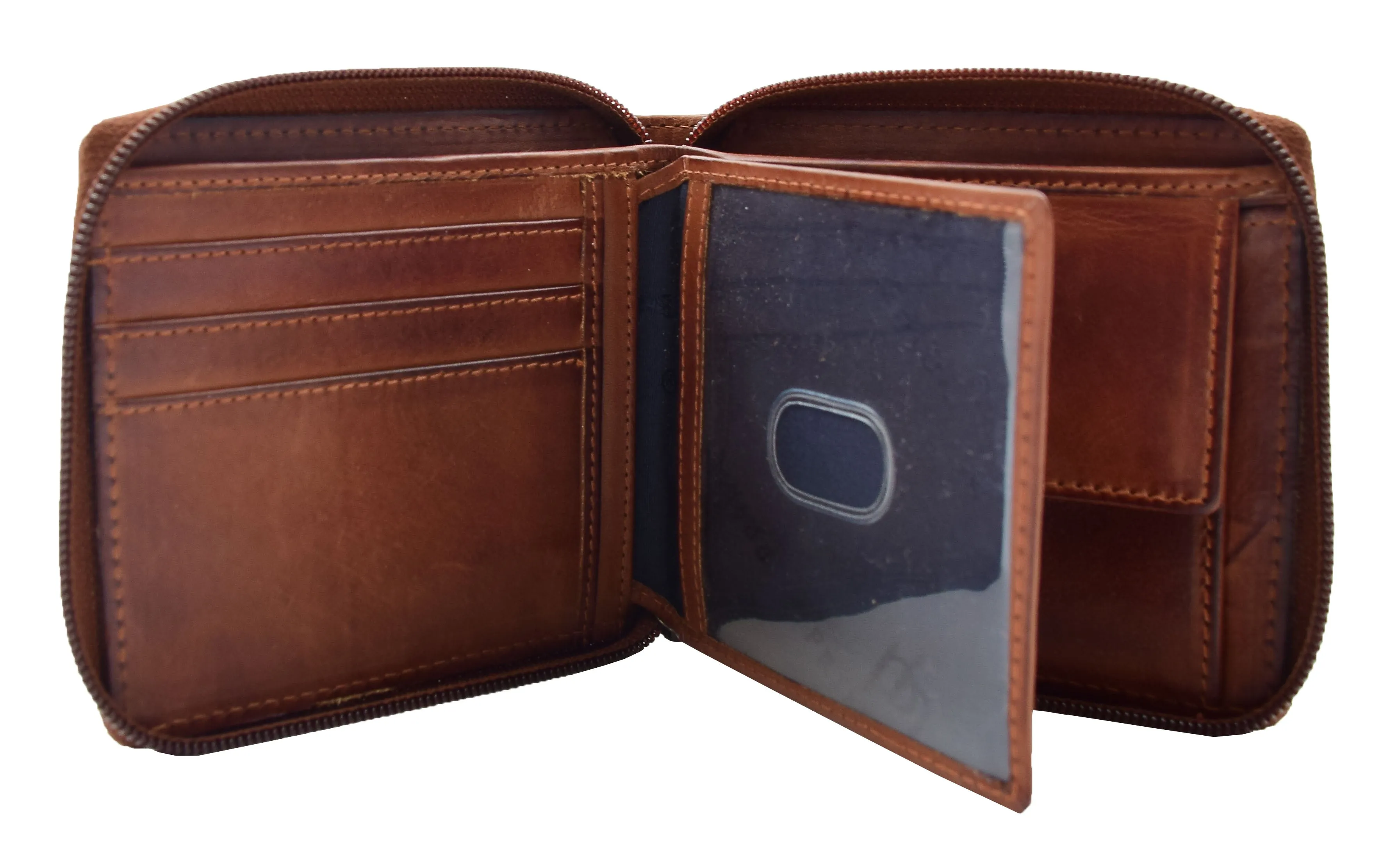 DR446 Men's Leather Wallet Zip Around Rfid Safe Boxed Brown