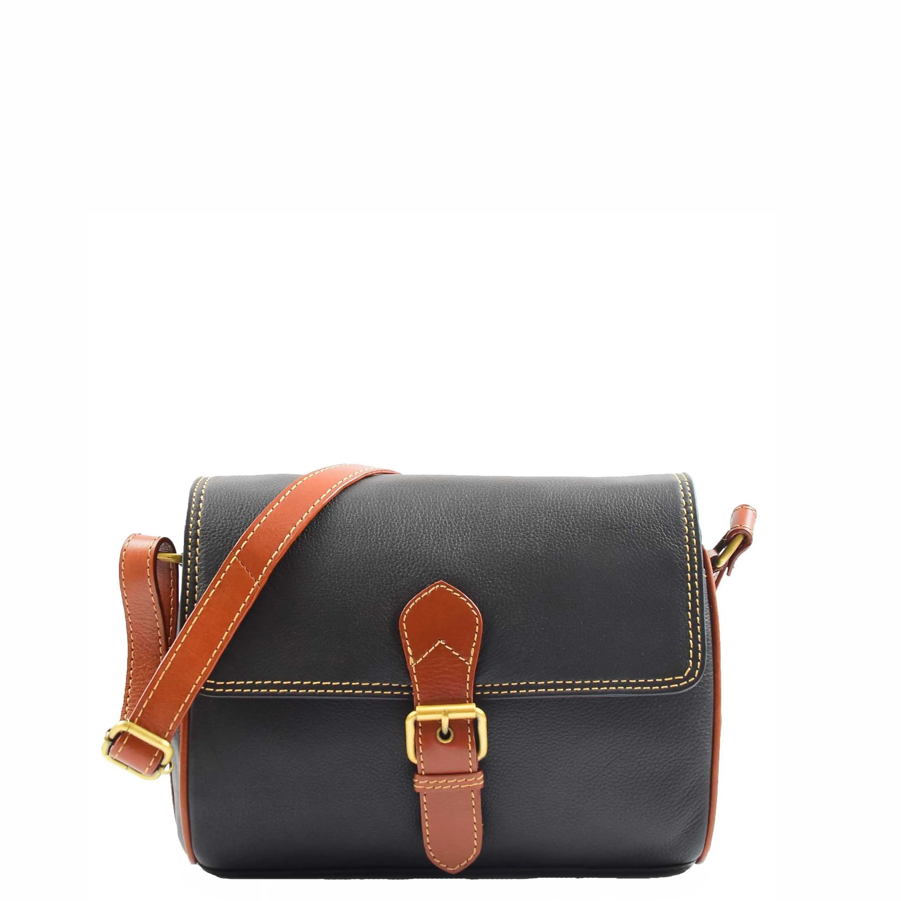 DR464 Women Genuine Leather Crossbody Bag Satchel Saddle Black/Tan