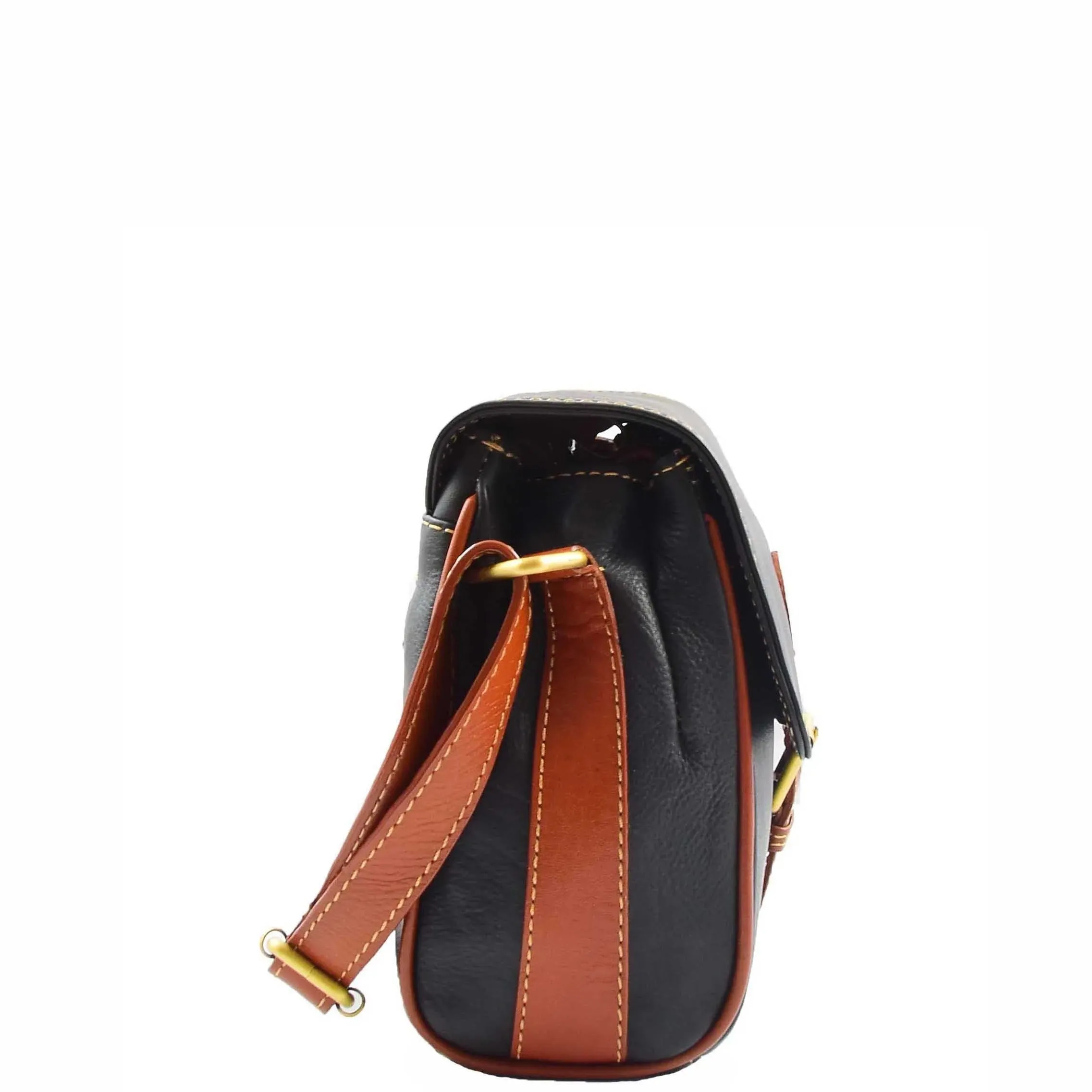 DR464 Women Genuine Leather Crossbody Bag Satchel Saddle Black/Tan