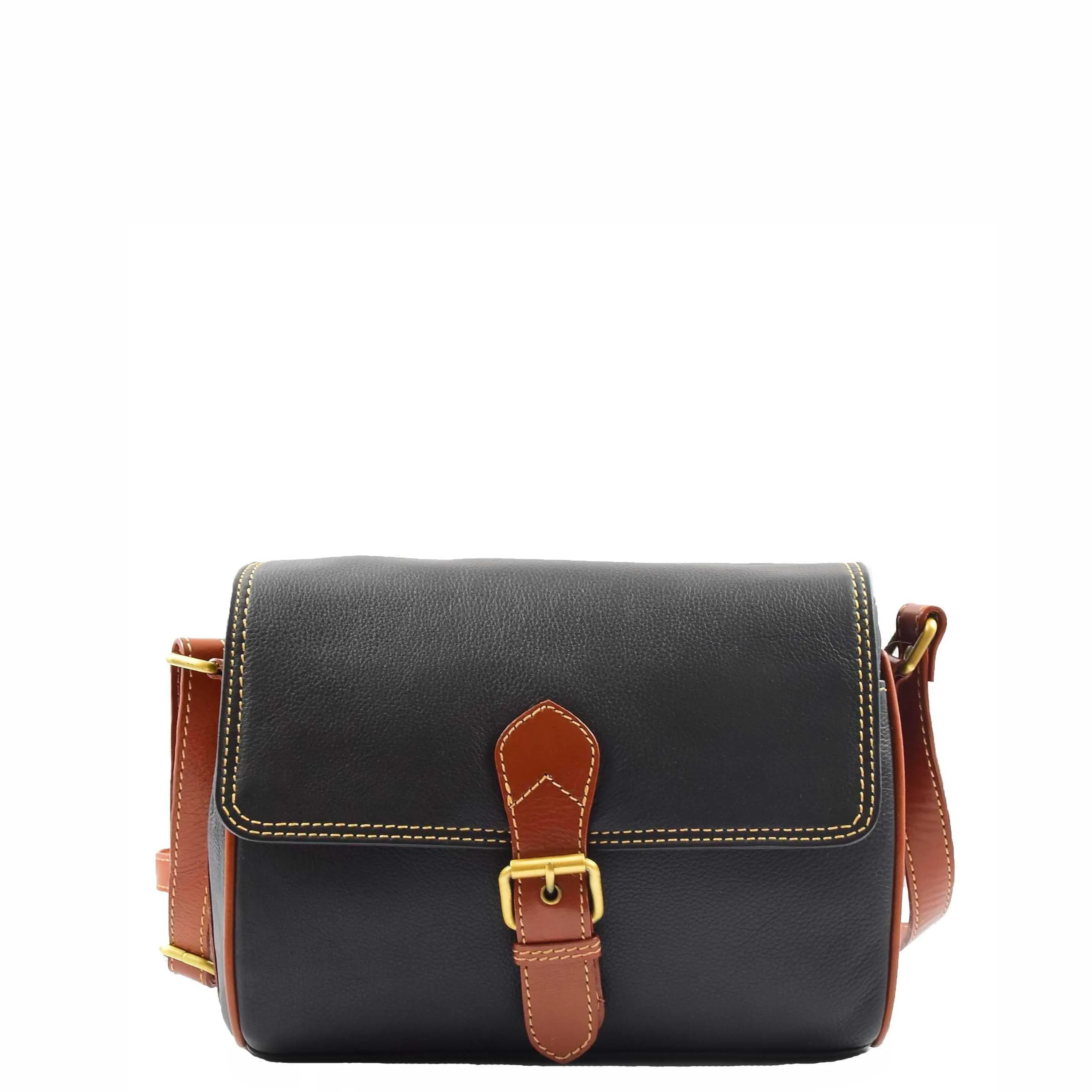 DR464 Women Genuine Leather Crossbody Bag Satchel Saddle Black/Tan