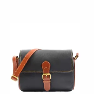 DR464 Women Genuine Leather Crossbody Bag Satchel Saddle Black/Tan