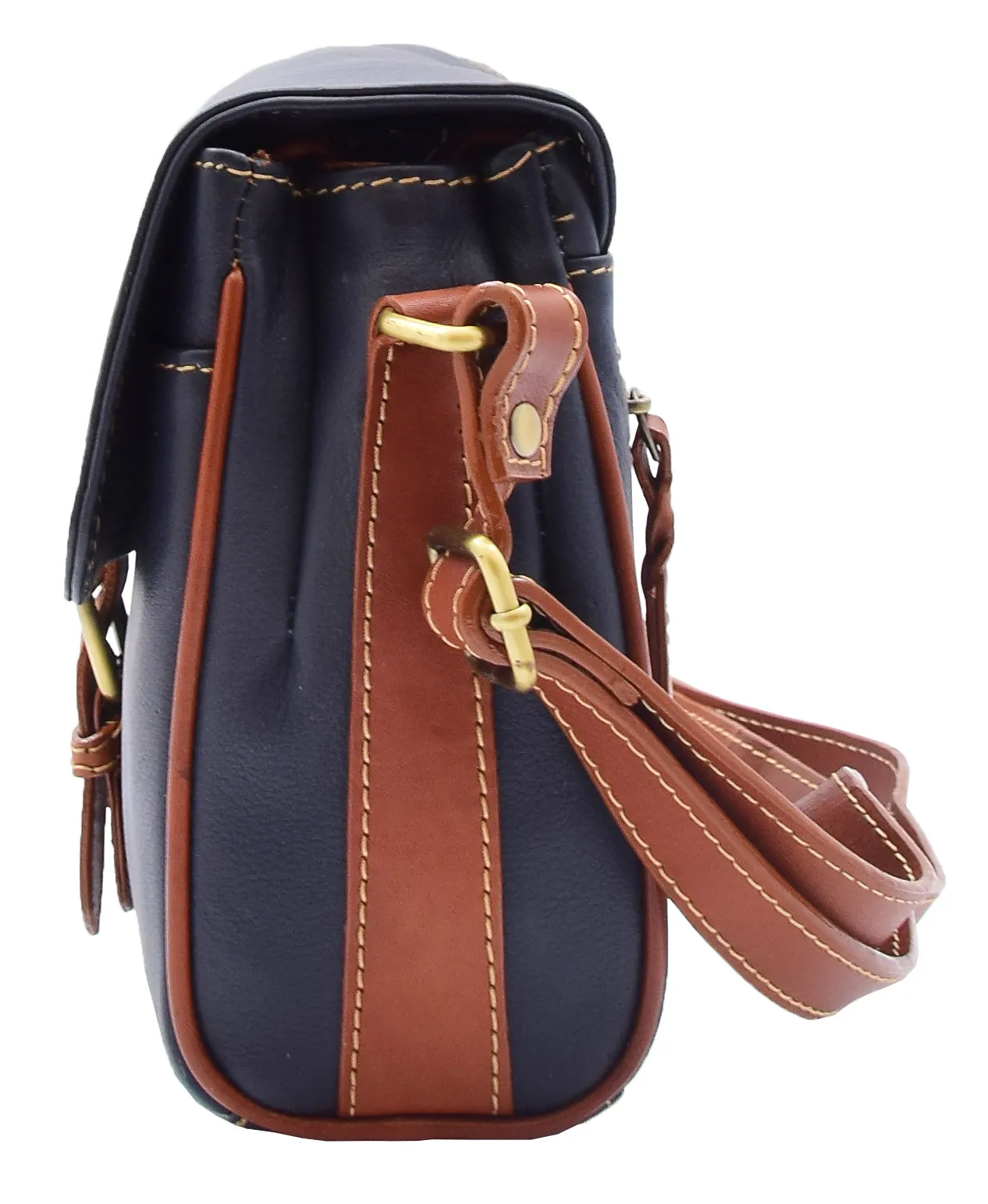 DR464 Women Genuine Leather Crossbody Bag Satchel Saddle Navy/Tan