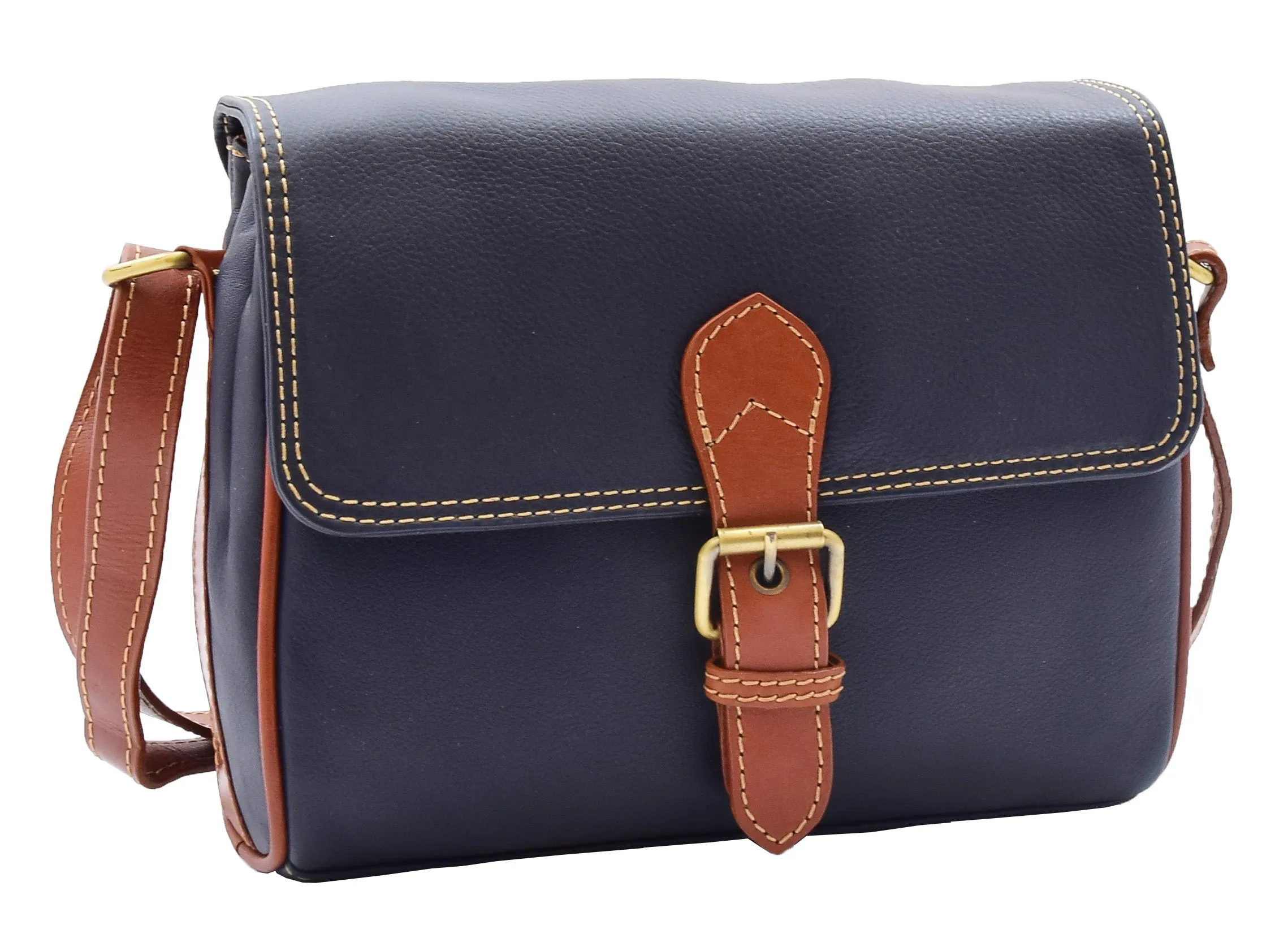 DR464 Women Genuine Leather Crossbody Bag Satchel Saddle Navy/Tan