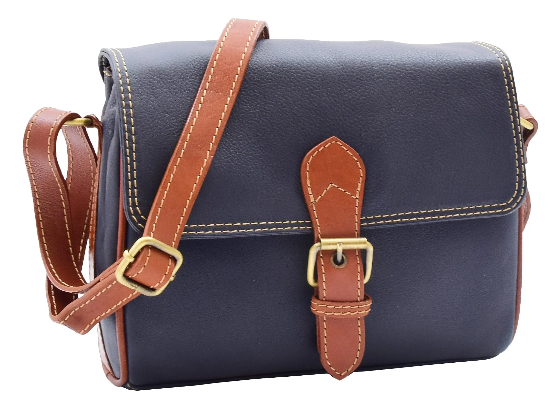 DR464 Women Genuine Leather Crossbody Bag Satchel Saddle Navy/Tan