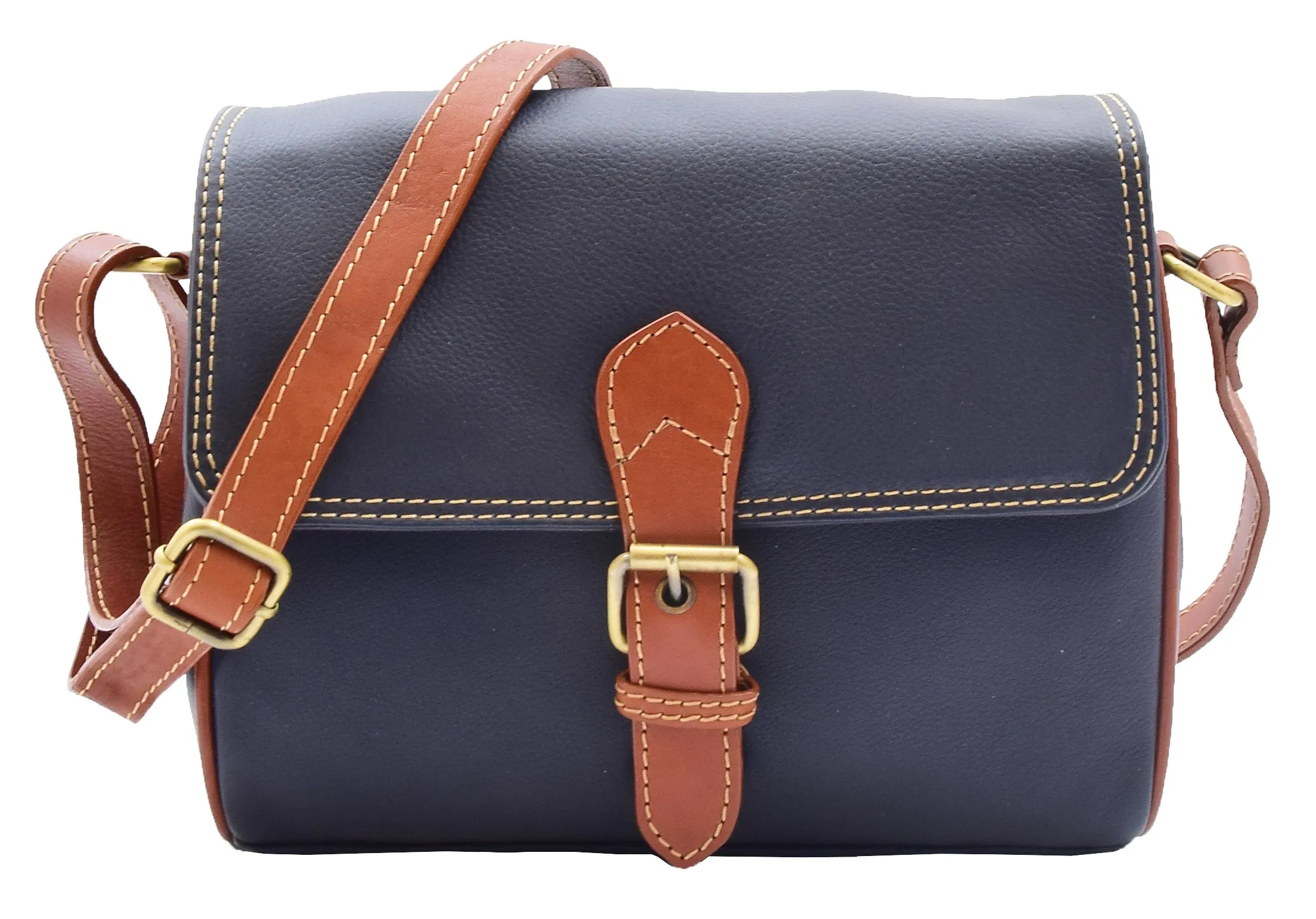 DR464 Women Genuine Leather Crossbody Bag Satchel Saddle Navy/Tan