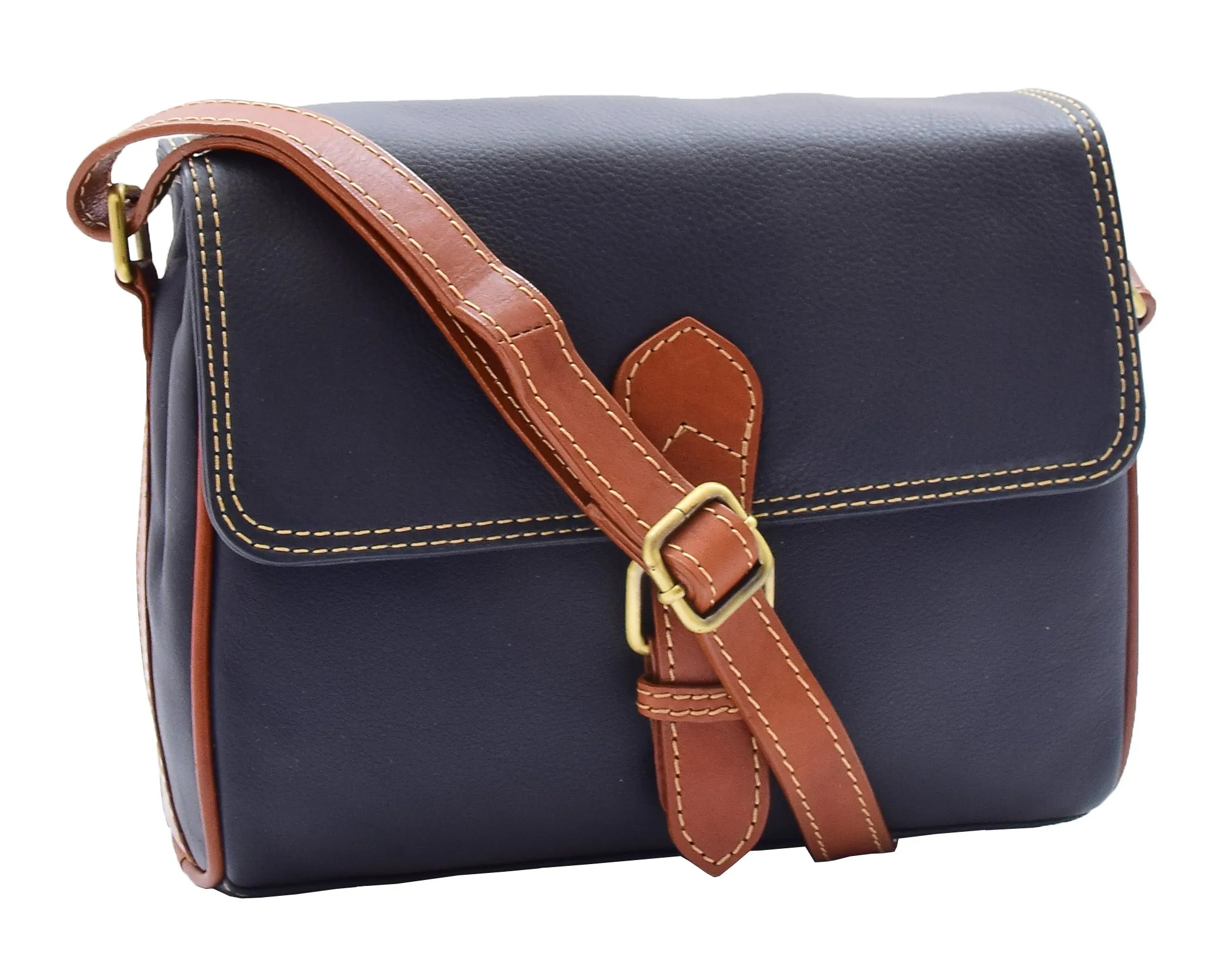 DR464 Women Genuine Leather Crossbody Bag Satchel Saddle Navy/Tan