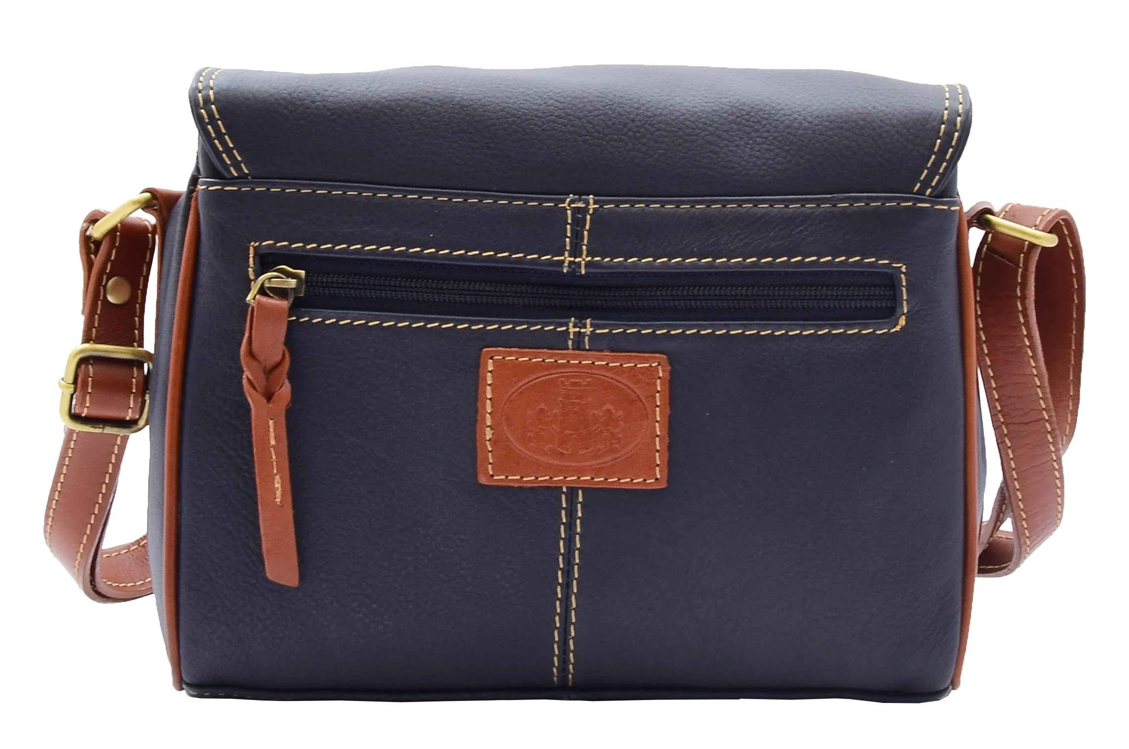 DR464 Women Genuine Leather Crossbody Bag Satchel Saddle Navy/Tan