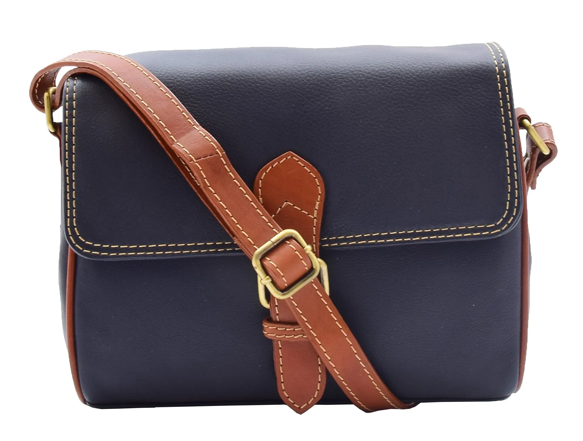 DR464 Women Genuine Leather Crossbody Bag Satchel Saddle Navy/Tan