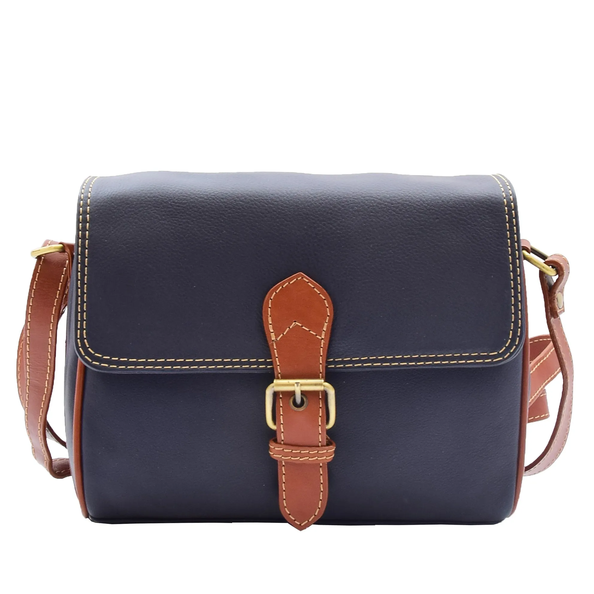 DR464 Women Genuine Leather Crossbody Bag Satchel Saddle Navy/Tan
