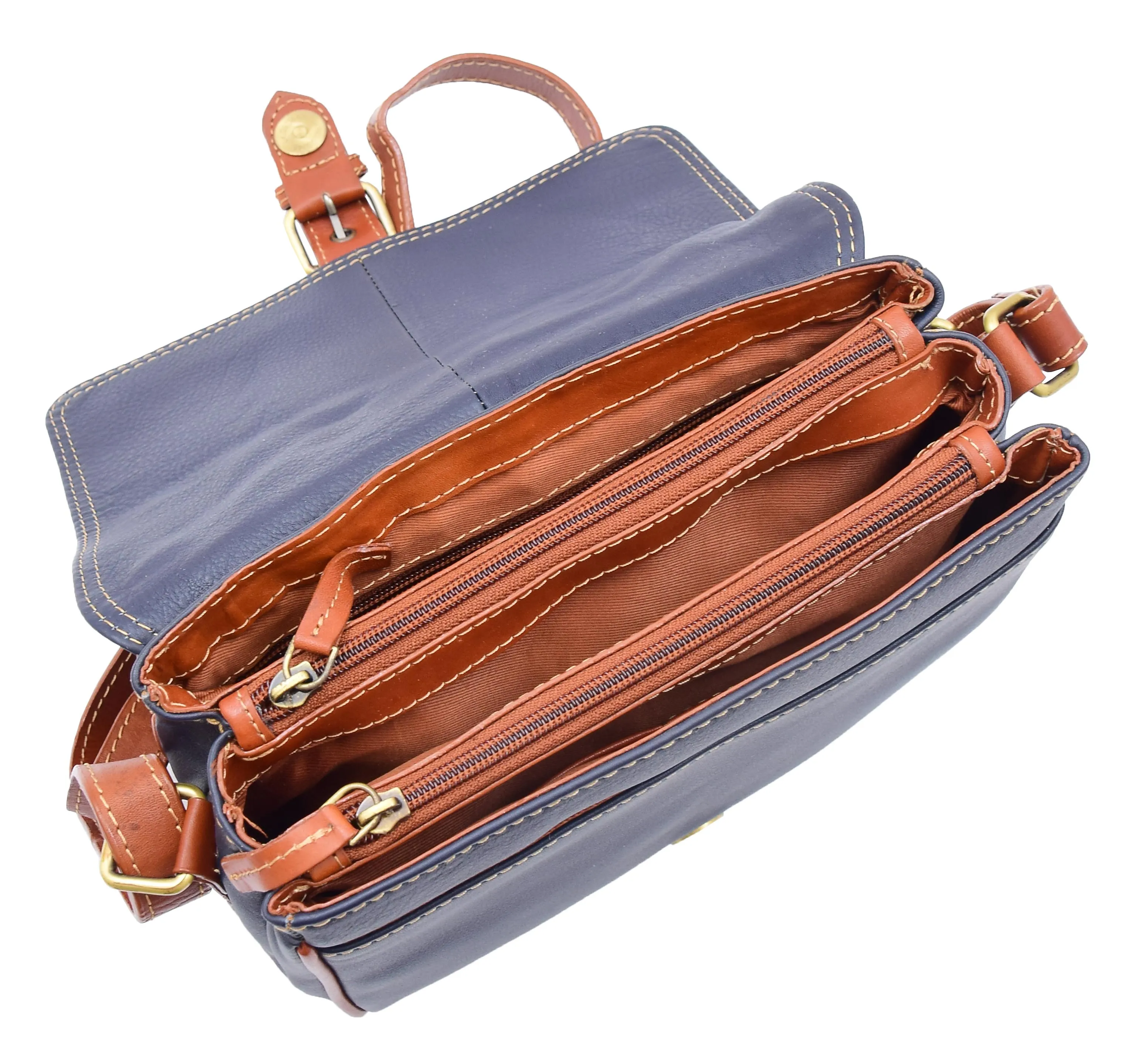DR464 Women Genuine Leather Crossbody Bag Satchel Saddle Navy/Tan