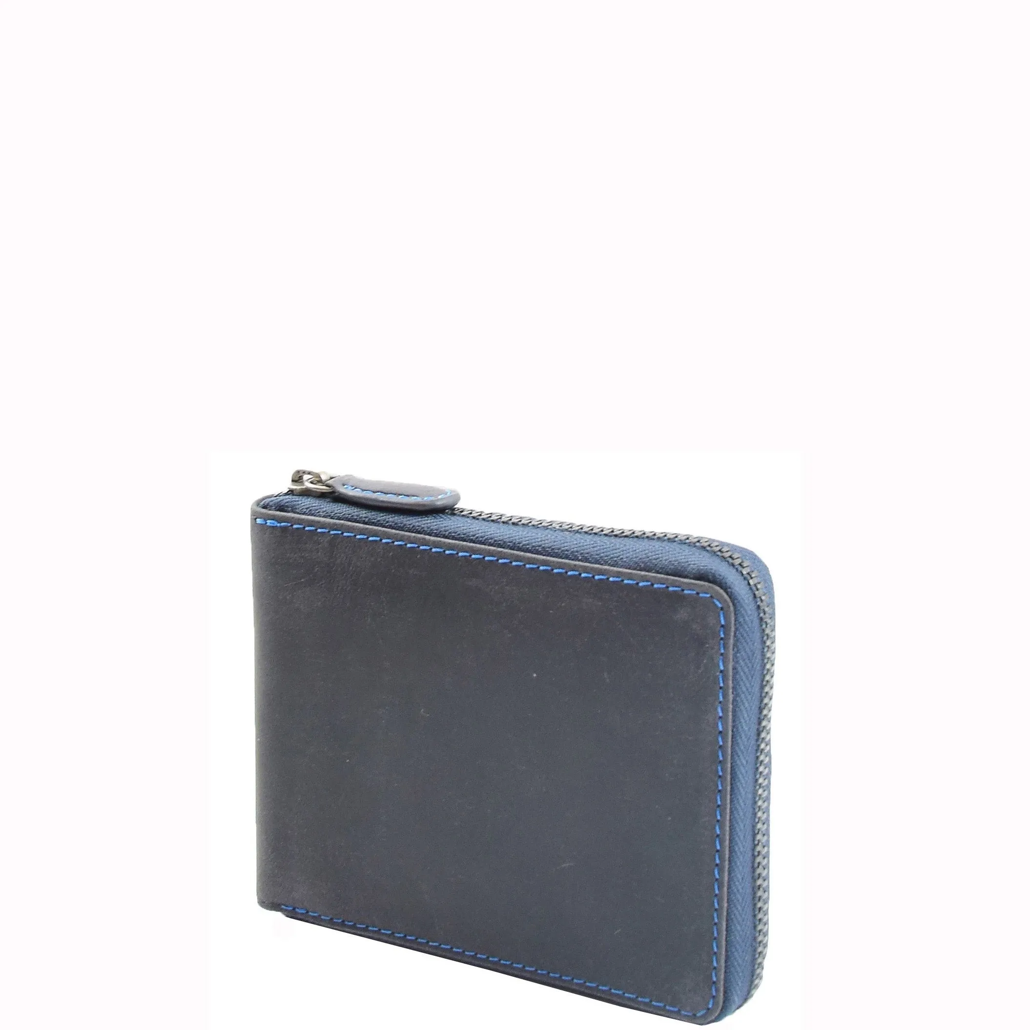 DR659 Men's Real Oiled Leather Round Zip RFID Wallet Blue
