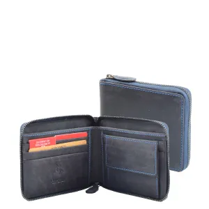 DR659 Men's Real Oiled Leather Round Zip RFID Wallet Blue